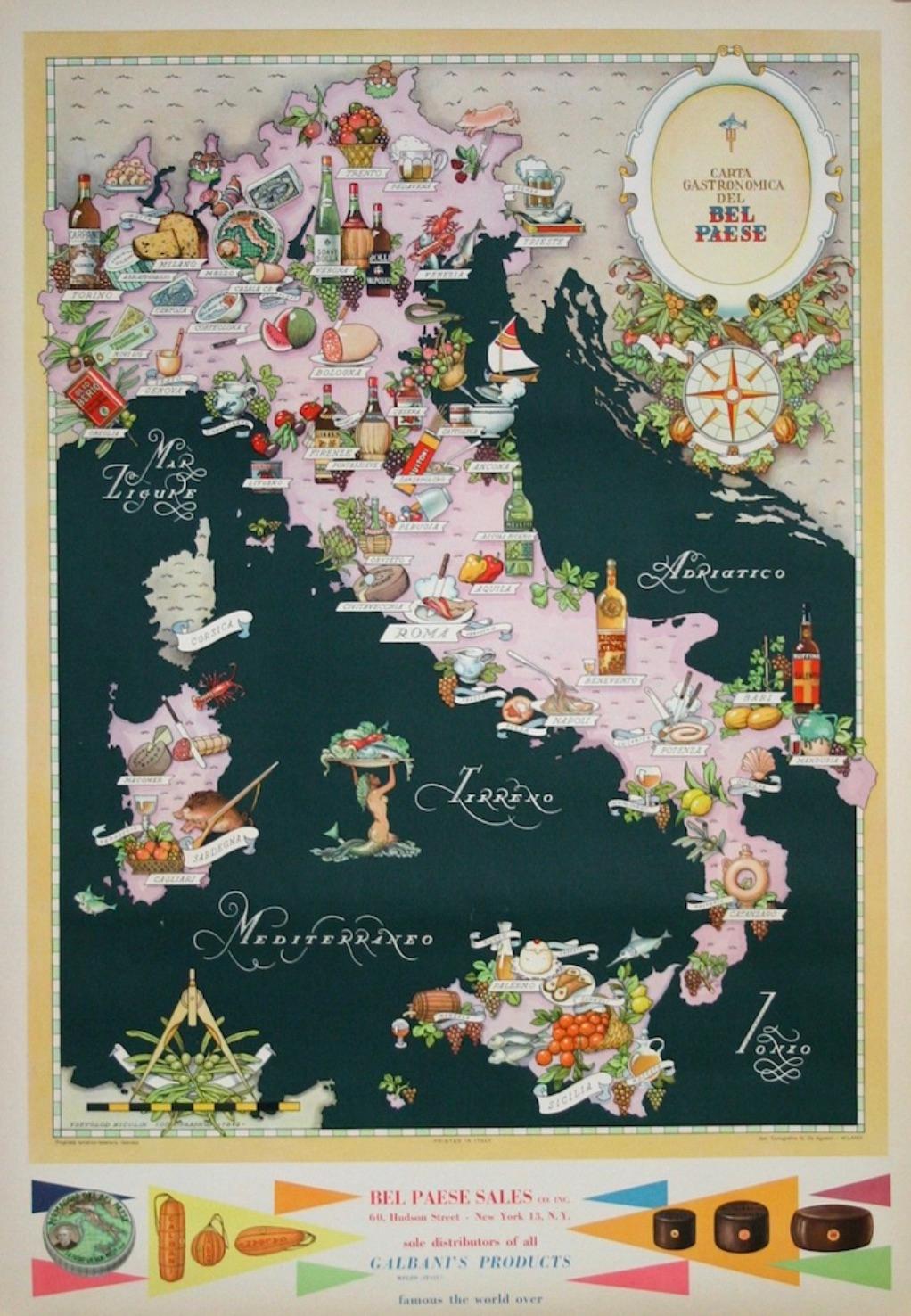 Artist: Vsevolad Nicouline  (Italian 1890-1968)

Date of Origin: 1949

Medium: Original Stone Lithograph Vintage Poster

Size: 27” x 39”

 

Italian gastronomic map for the Bel Paese Cheese company showing all the local gastronomic products. Printed