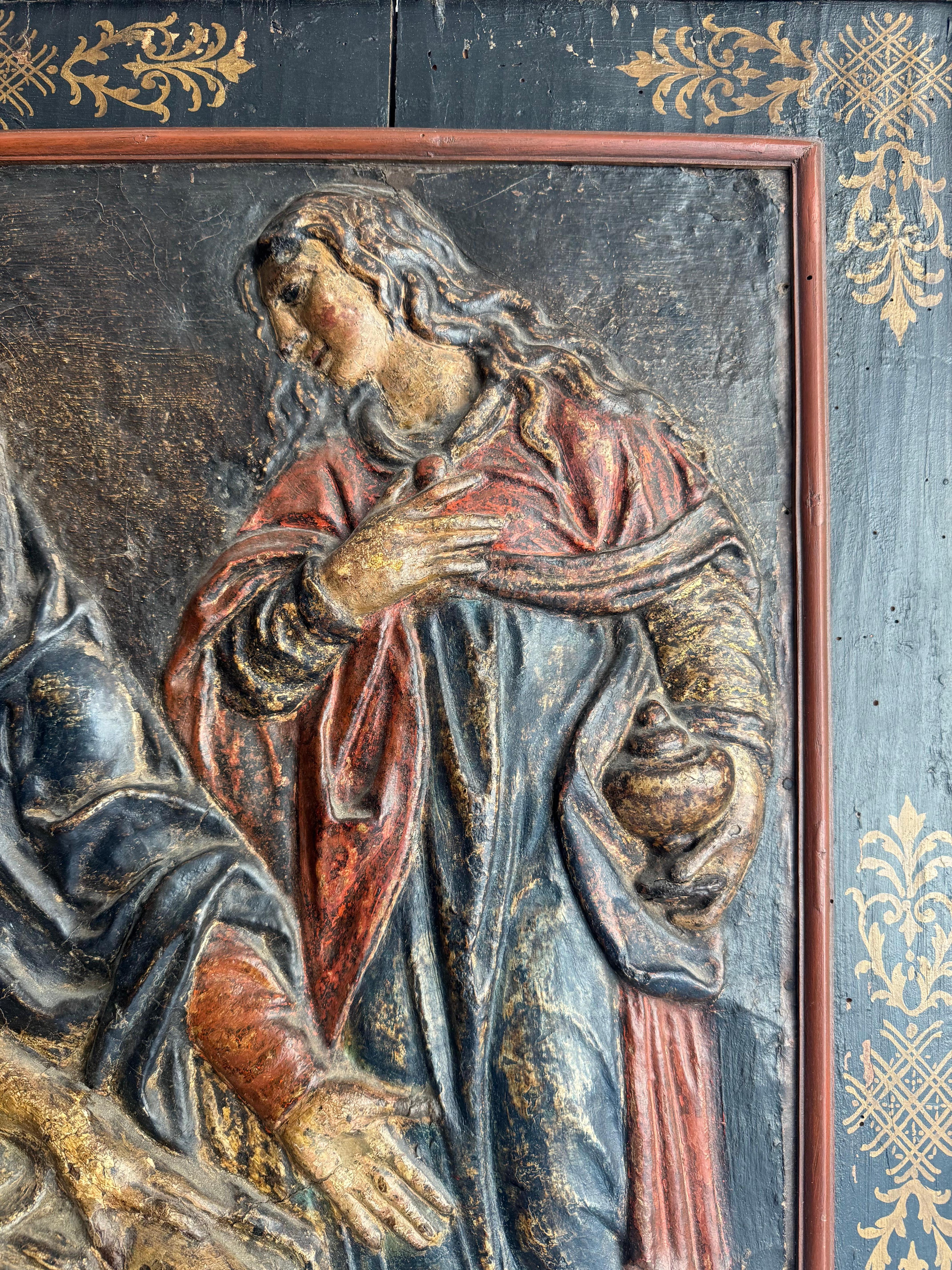Pittura Cartapesta policroma raffigurante la Deposizione di Cristo. XVII secolo in vendita