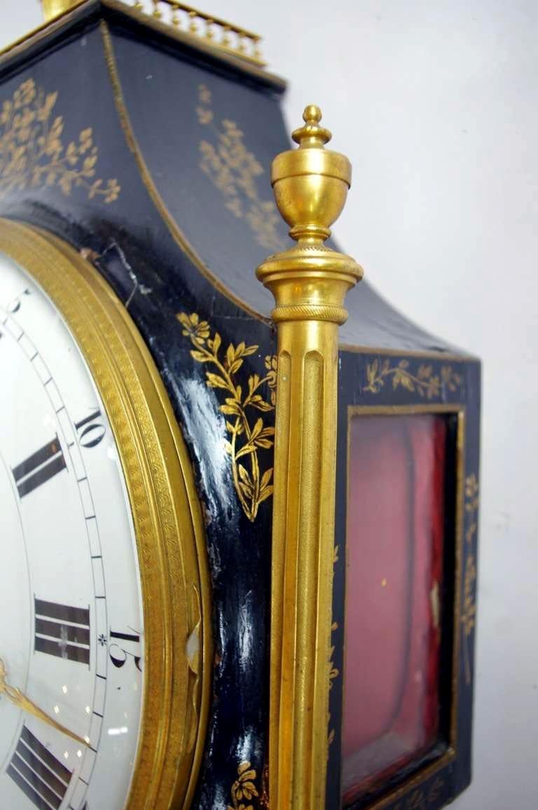 Louis XV Cartel Clock in Black Lacquered Wood with its Console, Neuchâtel, 18th Century