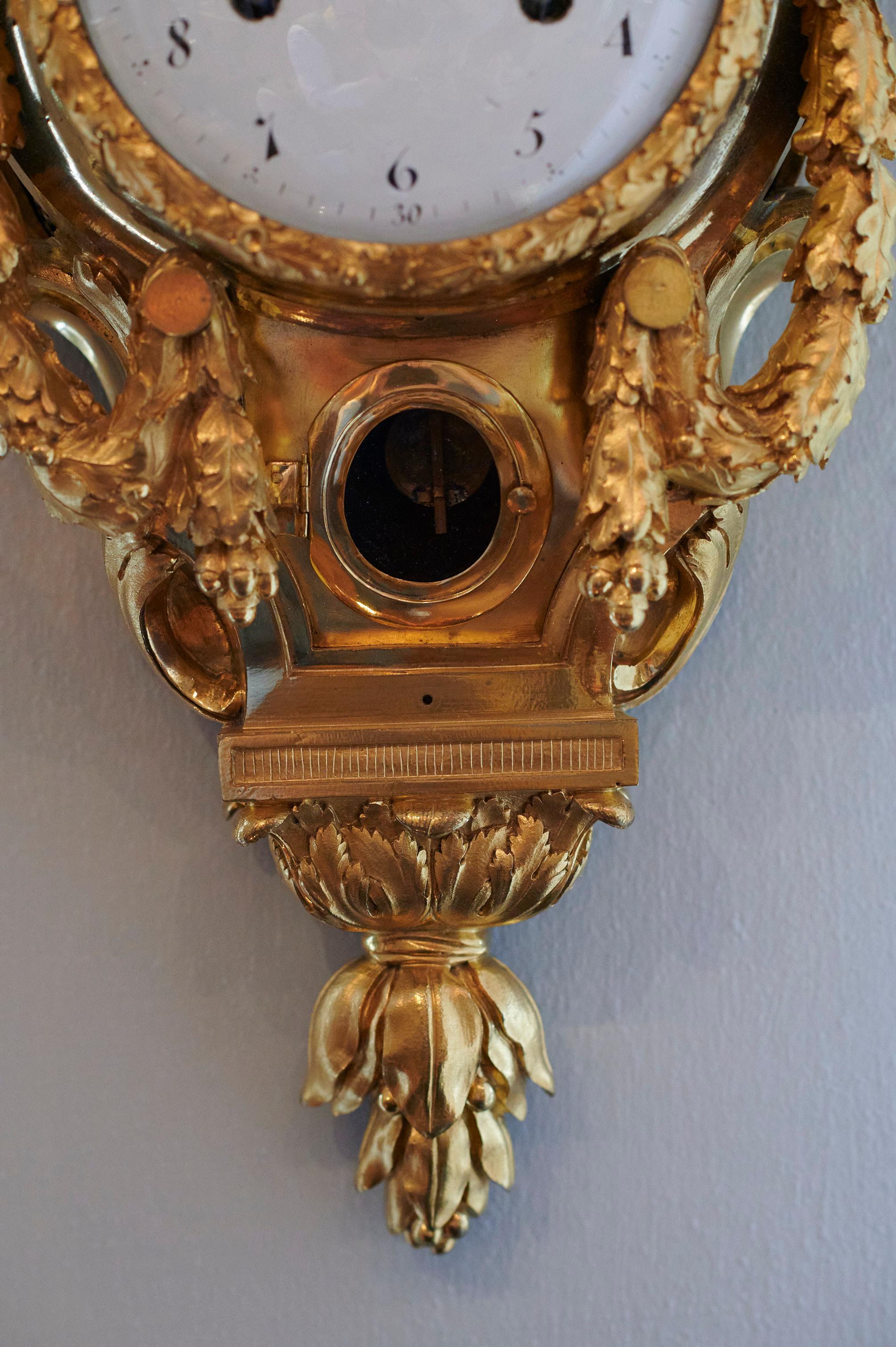French Cartel Gold Plated Wall Clock with Vase Top, Paris, Late 18th Century, Louis XVI For Sale