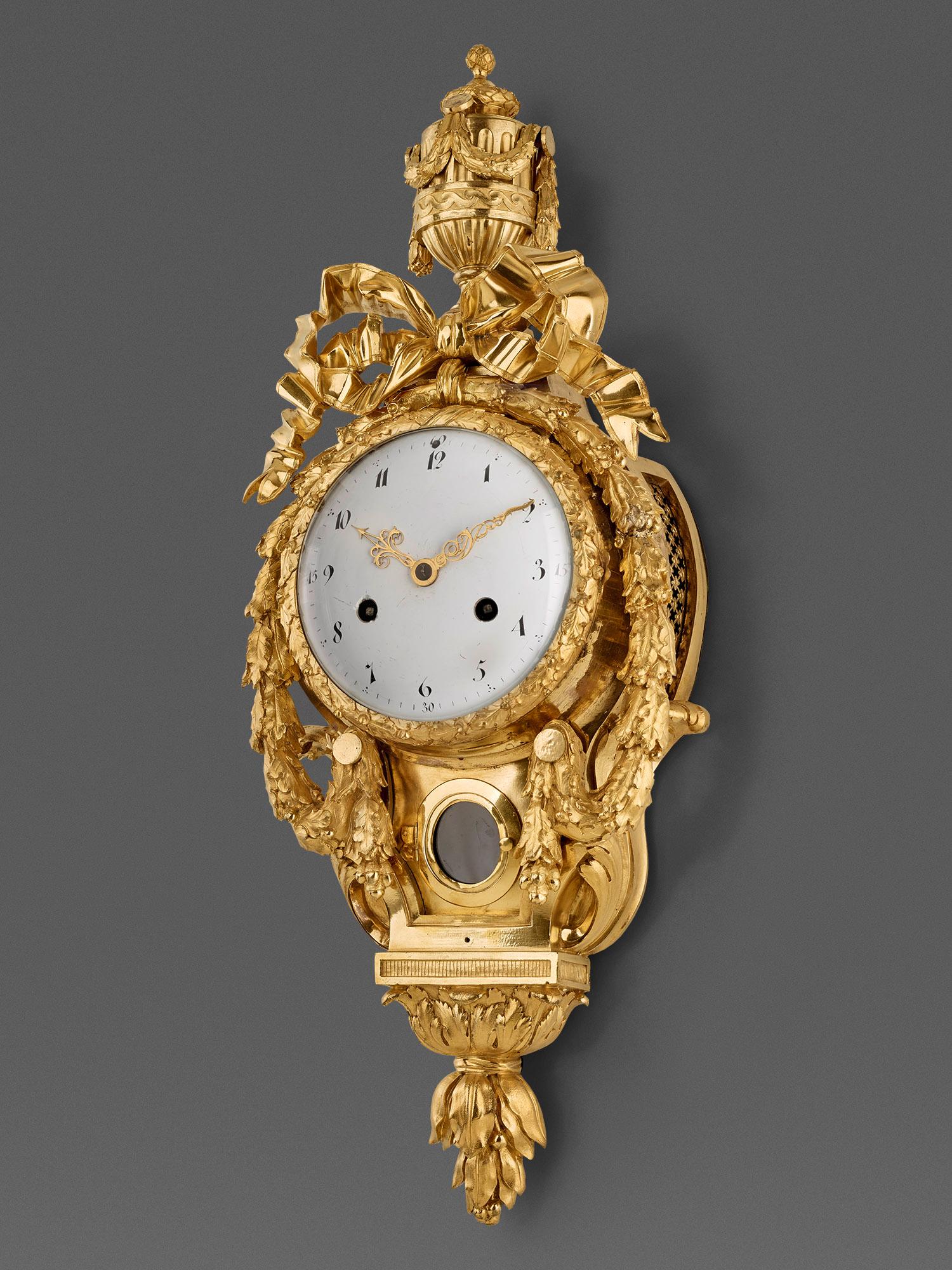 Cartel Gold Plated Wall Clock with Vase Top, Paris, Late 18th Century, Louis XVI For Sale 1