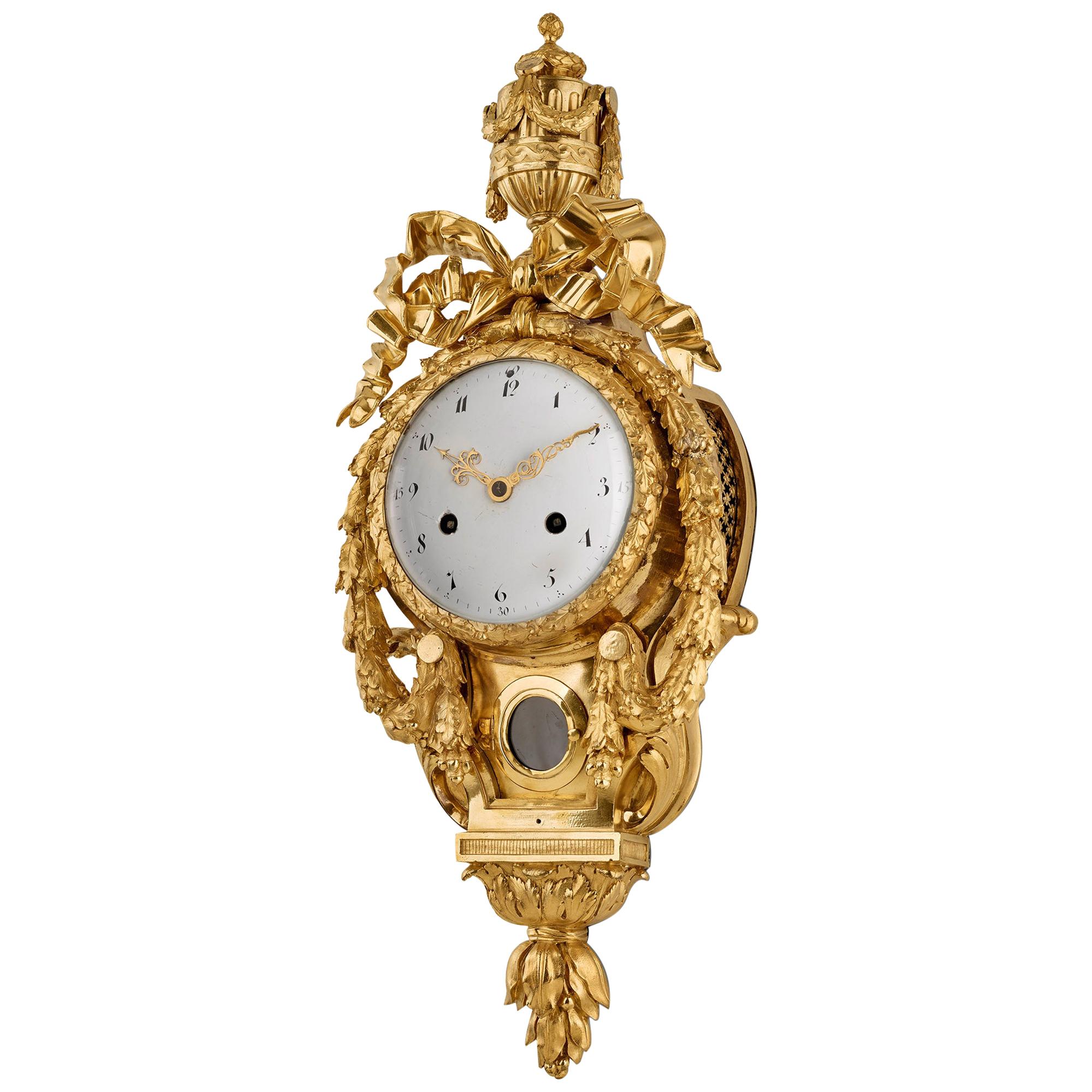 Cartel Gold Plated Wall Clock with Vase Top, Paris, Late 18th Century, Louis XVI For Sale