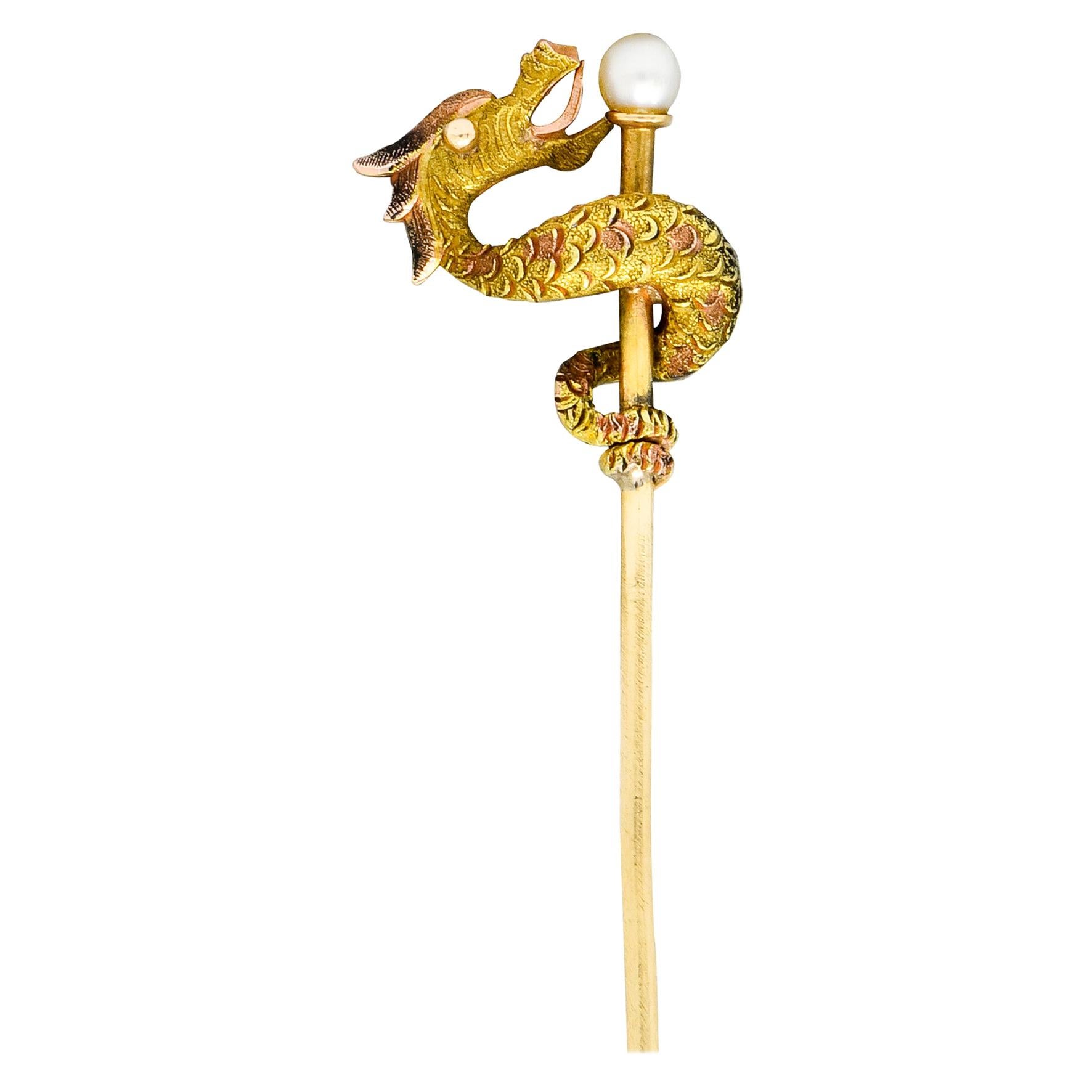 Carter and Gough Art Nouveau Pearl 14 Karat Gold Winding Serpent Stickpin