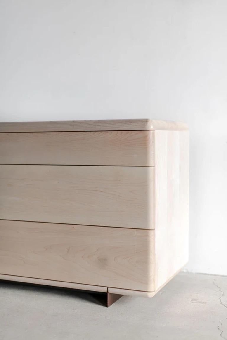 This Dresser is Custom Made in Los Angeles. Solid wood boards are cut to size and joined. Industrial steel legs are patinated with an antique bronze. Six drawers with sleek, push release slides. 
BLEACHED MAPLE + INDUSTRIAL STEEL + BIRCH