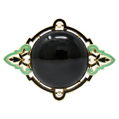 Carter Gough Art Deco Onyx Pearl Enamel 14 Karat Yellow Gold Lotus Unisex Brooch
