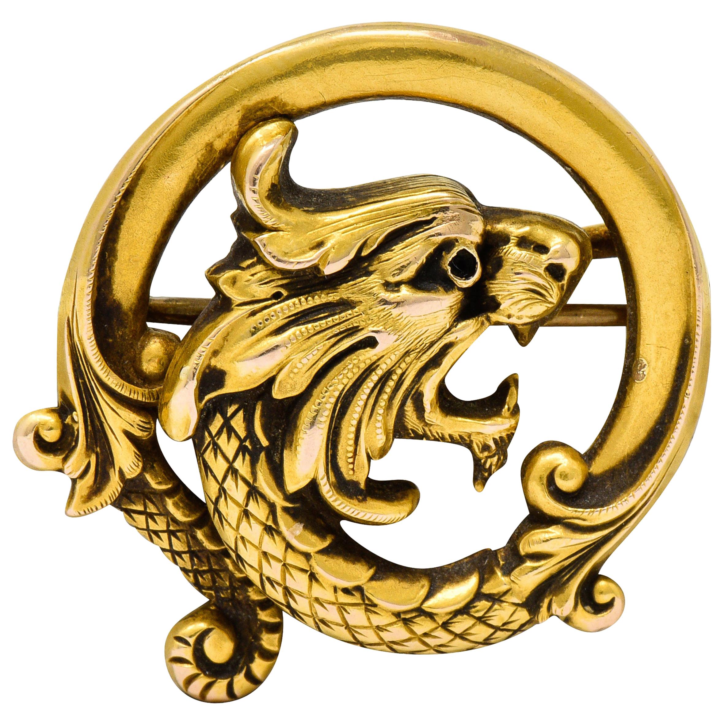 Carter & Gough Art Nouveau 14 Karat Gold Chimera Dragon Watch Pin