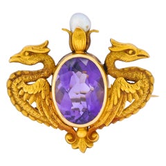 Carter & Gough Art Nouveau Amethyst Pearl 14 Karat Gold Winged Basilisk Brooch