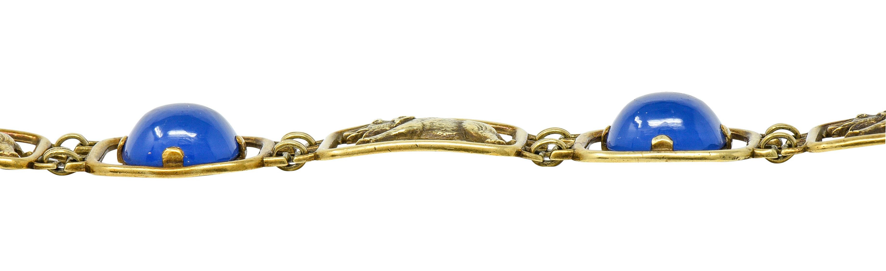 Carter & Gough Art Nouveau Chrysoprase 14 Karat Gold Elephant Link Bracelet 7