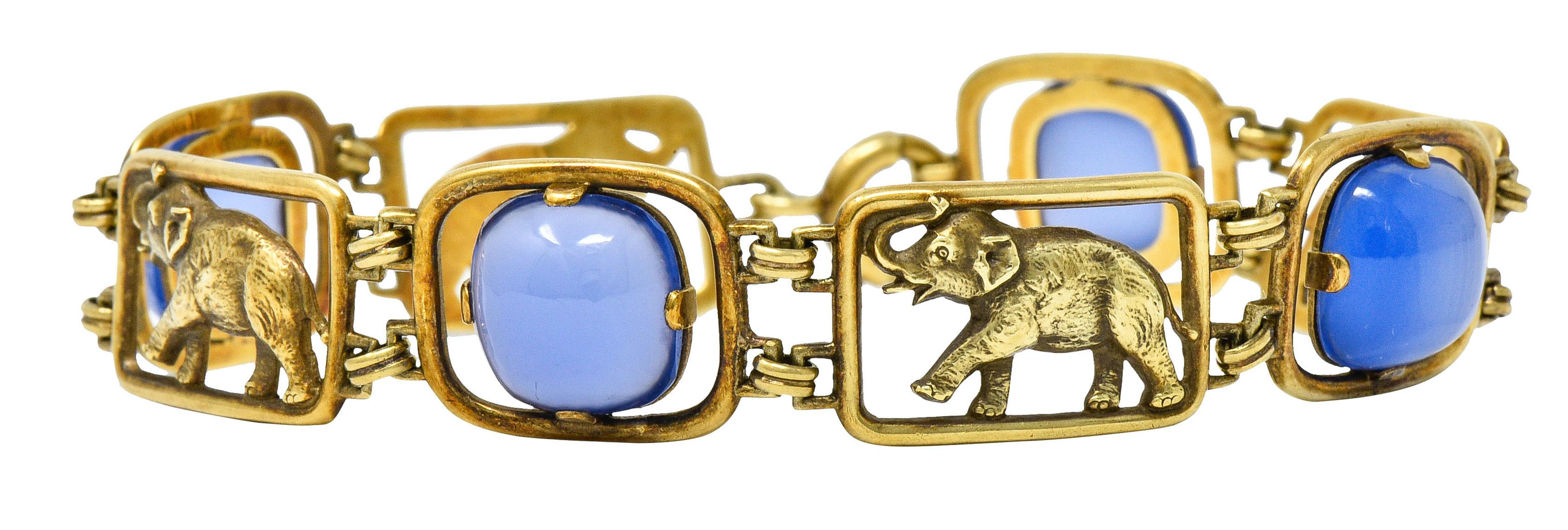 Sugarloaf Cabochon Carter & Gough Art Nouveau Chrysoprase 14 Karat Gold Elephant Link Bracelet