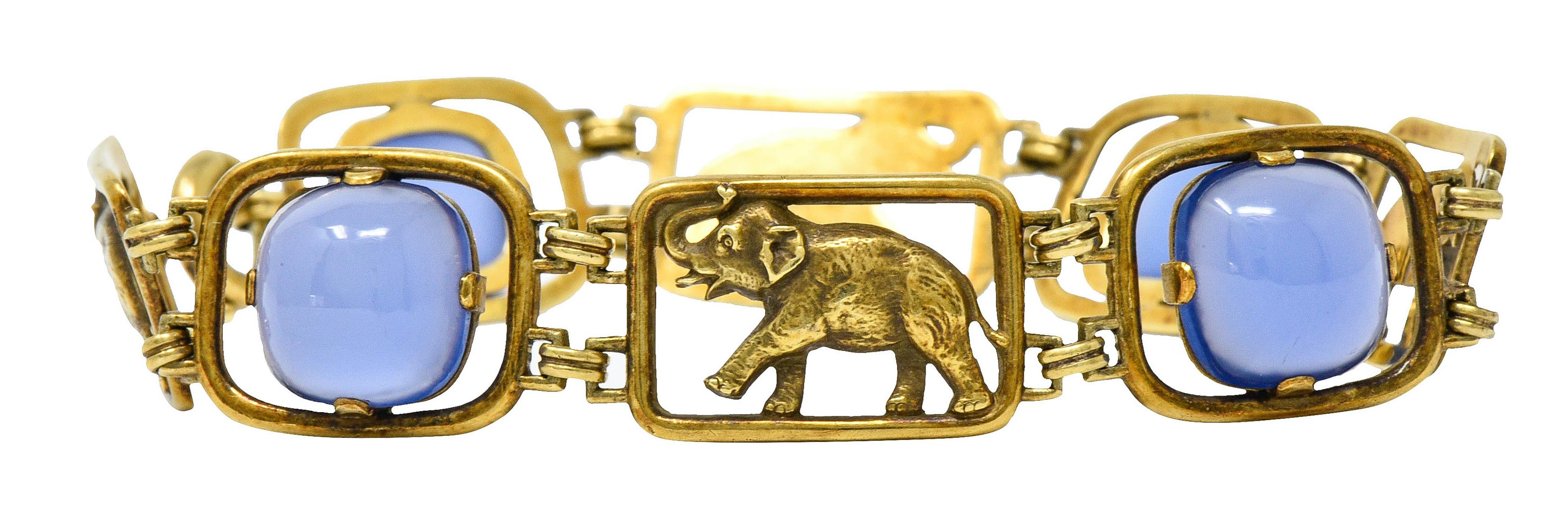 Carter & Gough Art Nouveau Chrysoprase 14 Karat Gold Elephant Link Bracelet In Excellent Condition In Philadelphia, PA