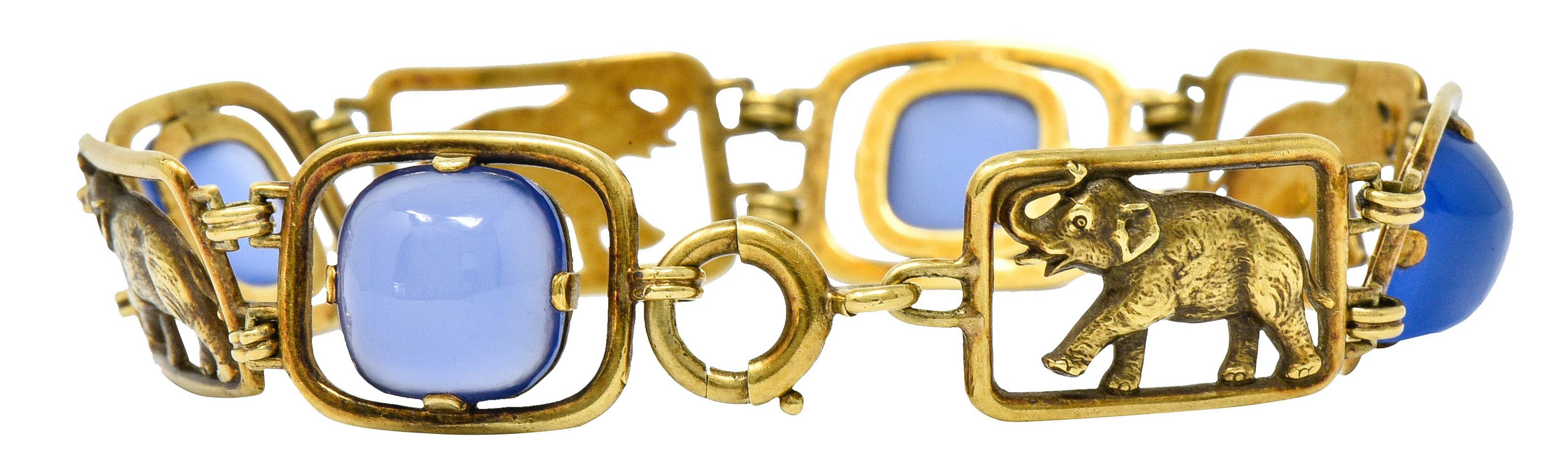 Women's or Men's Carter & Gough Art Nouveau Chrysoprase 14 Karat Gold Elephant Link Bracelet