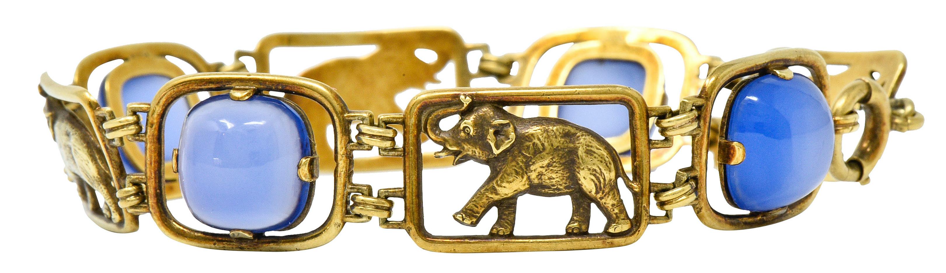 Carter & Gough Art Nouveau Chrysoprase 14 Karat Gold Elephant Link Bracelet 1