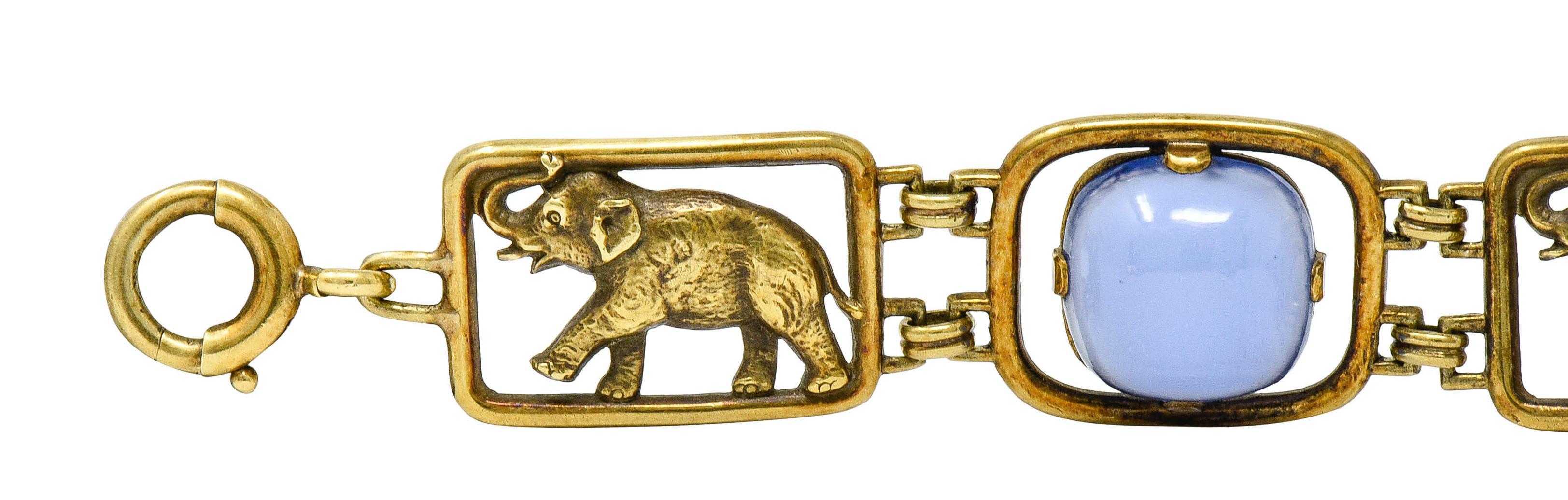 Carter & Gough Art Nouveau Chrysoprase 14 Karat Gold Elephant Link Bracelet 2