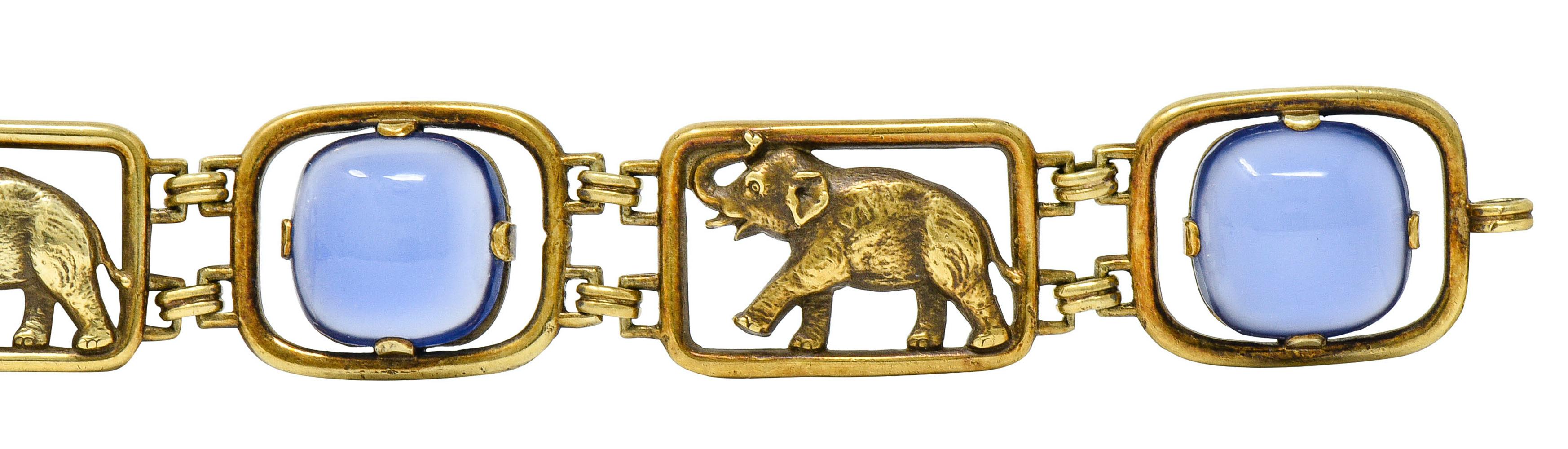 Carter & Gough Art Nouveau Chrysoprase 14 Karat Gold Elephant Link Bracelet 4