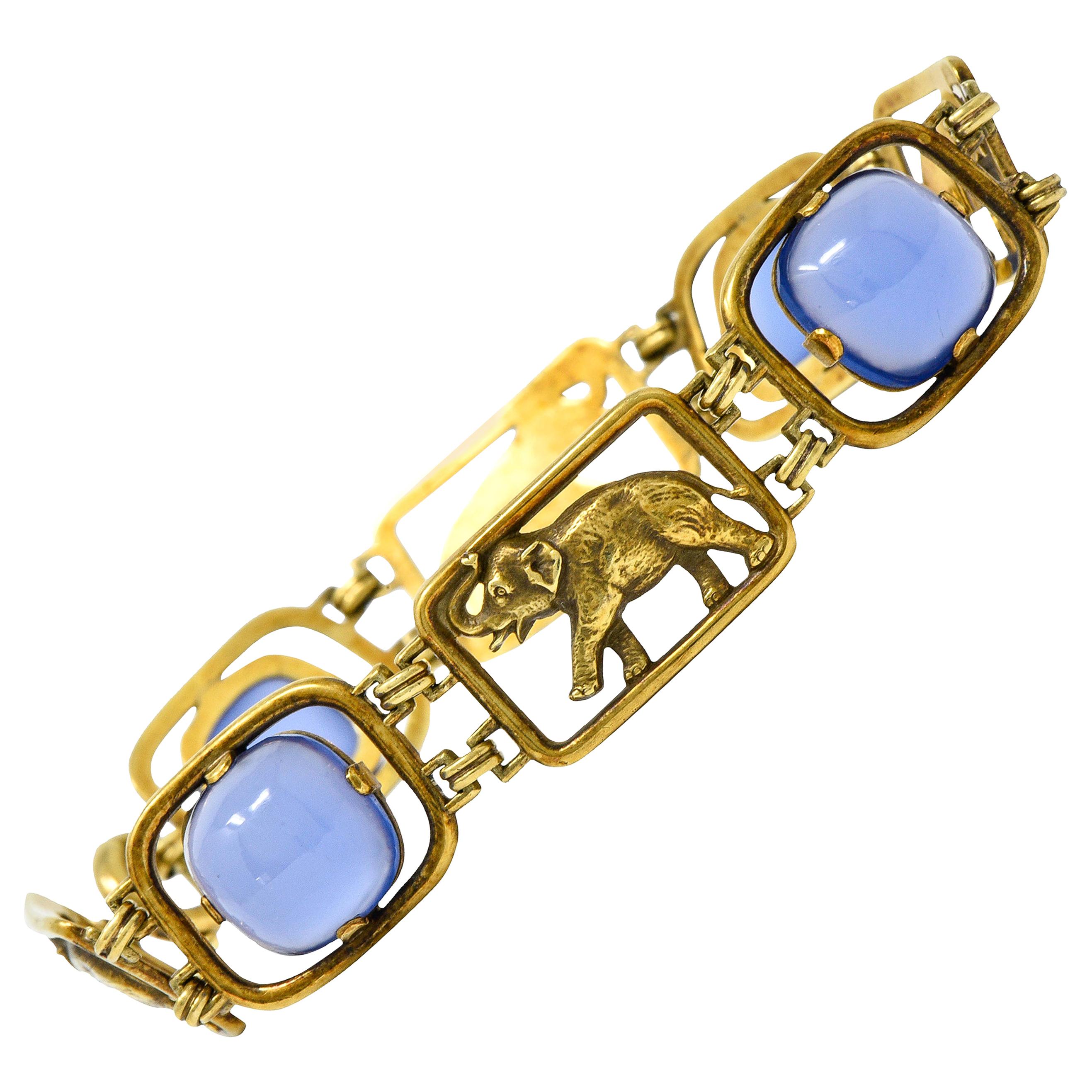 Carter & Gough Art Nouveau Chrysoprase 14 Karat Gold Elephant Link Bracelet