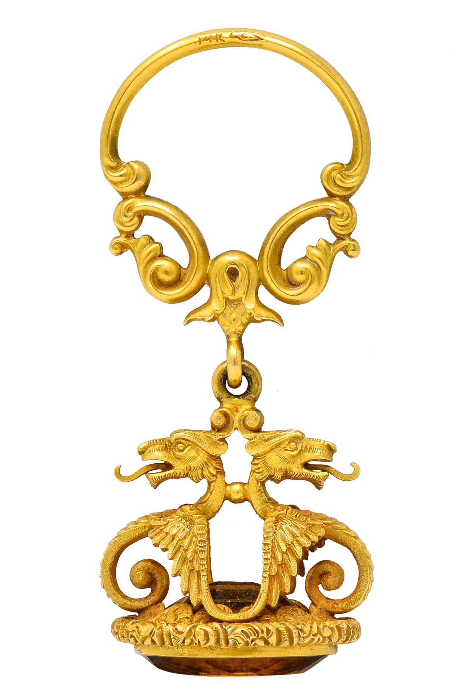 Oval Cut Carter & Gough Art Nouveau Citrine 14 Karat Gold Dragon Fob Pendant