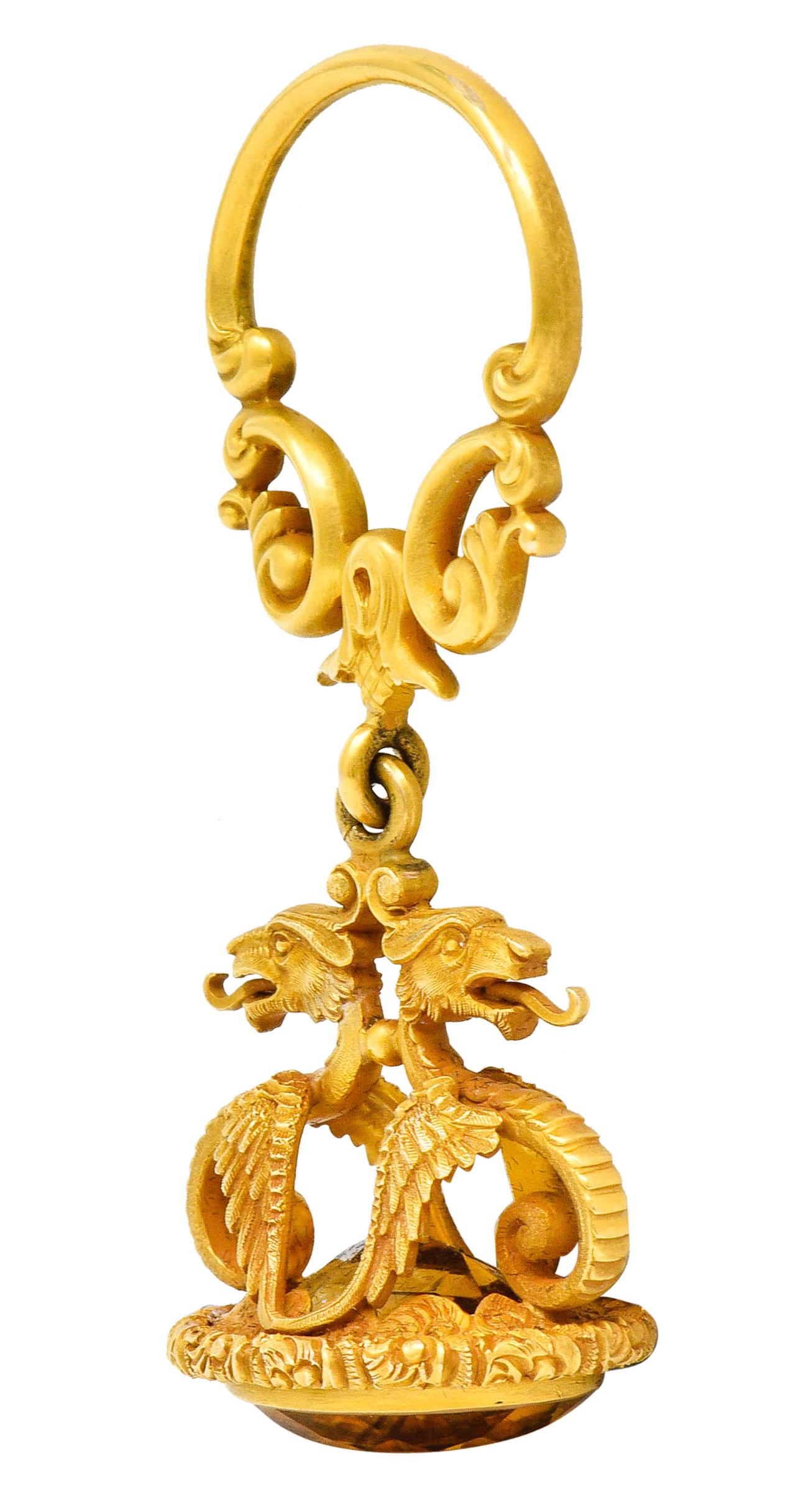 Carter & Gough Art Nouveau Citrine 14 Karat Gold Dragon Fob Pendant In Excellent Condition In Philadelphia, PA