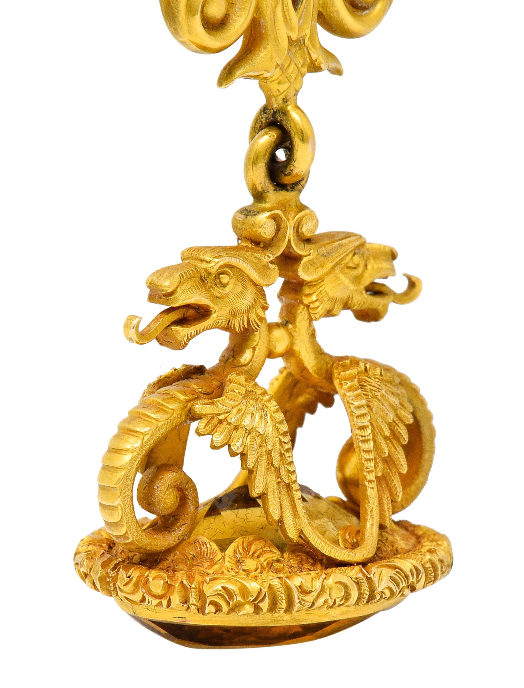 Carter & Gough Art Nouveau Citrine 14 Karat Gold Dragon Fob Pendant 2