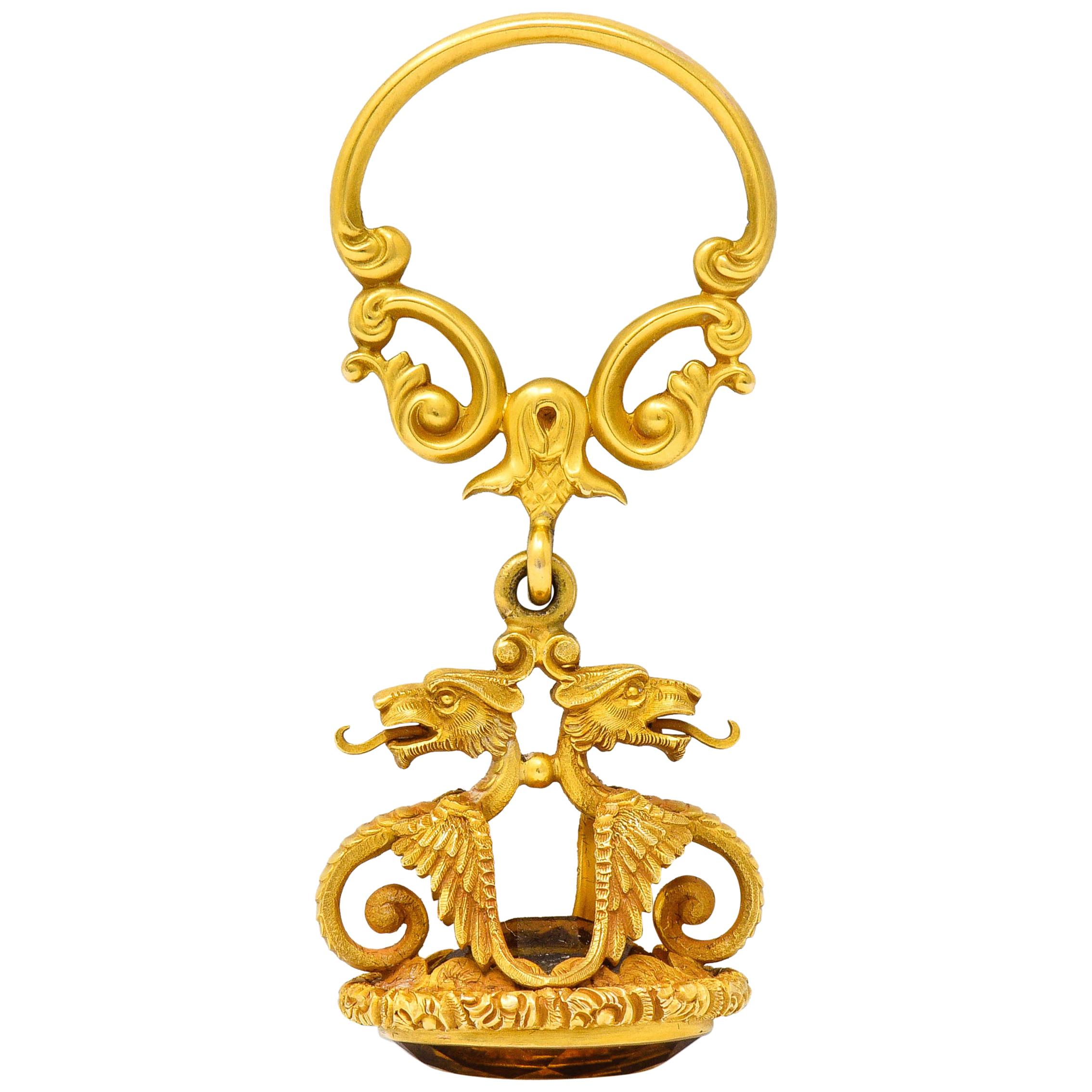 Carter & Gough Art Nouveau Citrine 14 Karat Gold Dragon Fob Pendant