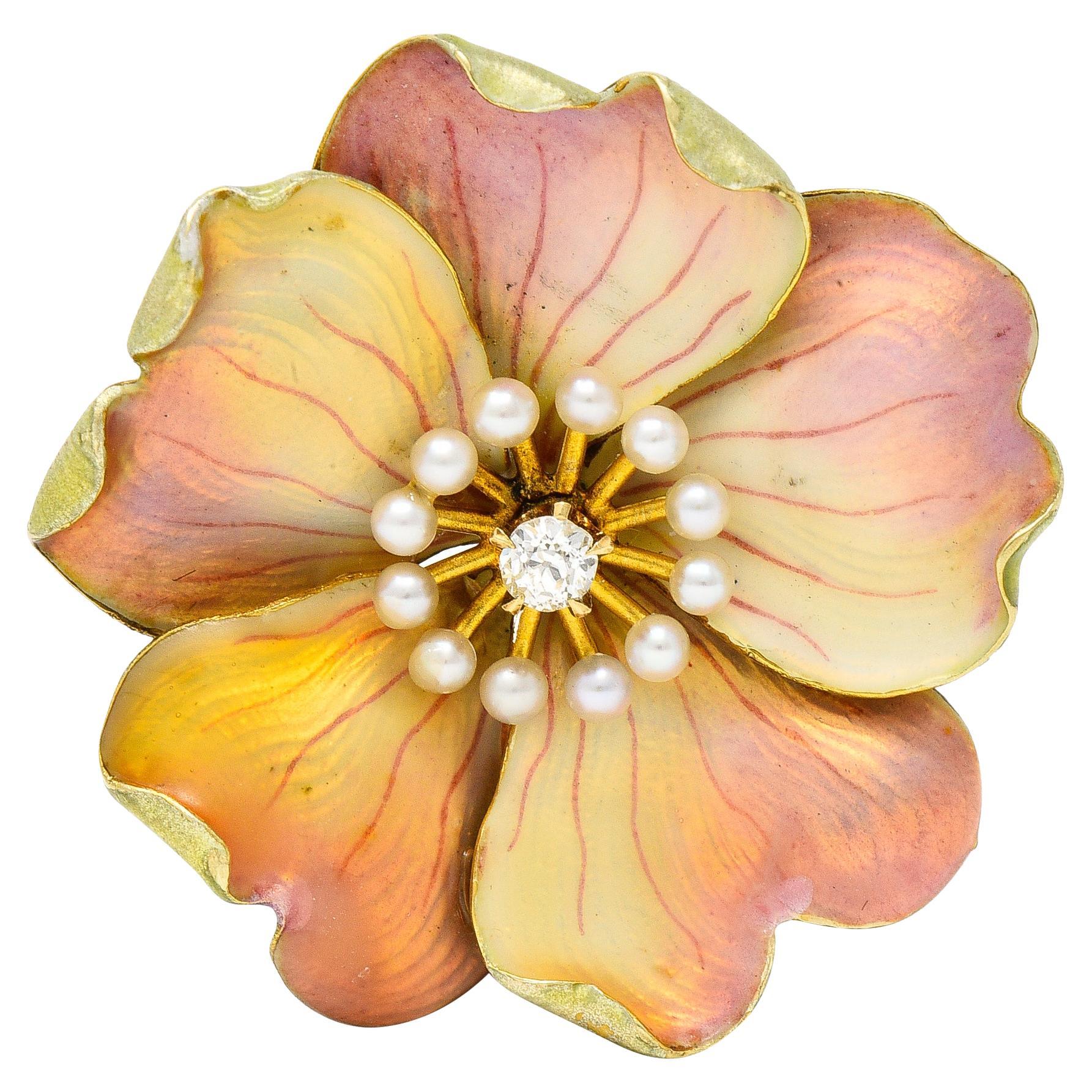 Carter Gough Broche Basse-Taille Art Nouveau en perles et diamants taille vieille Europe