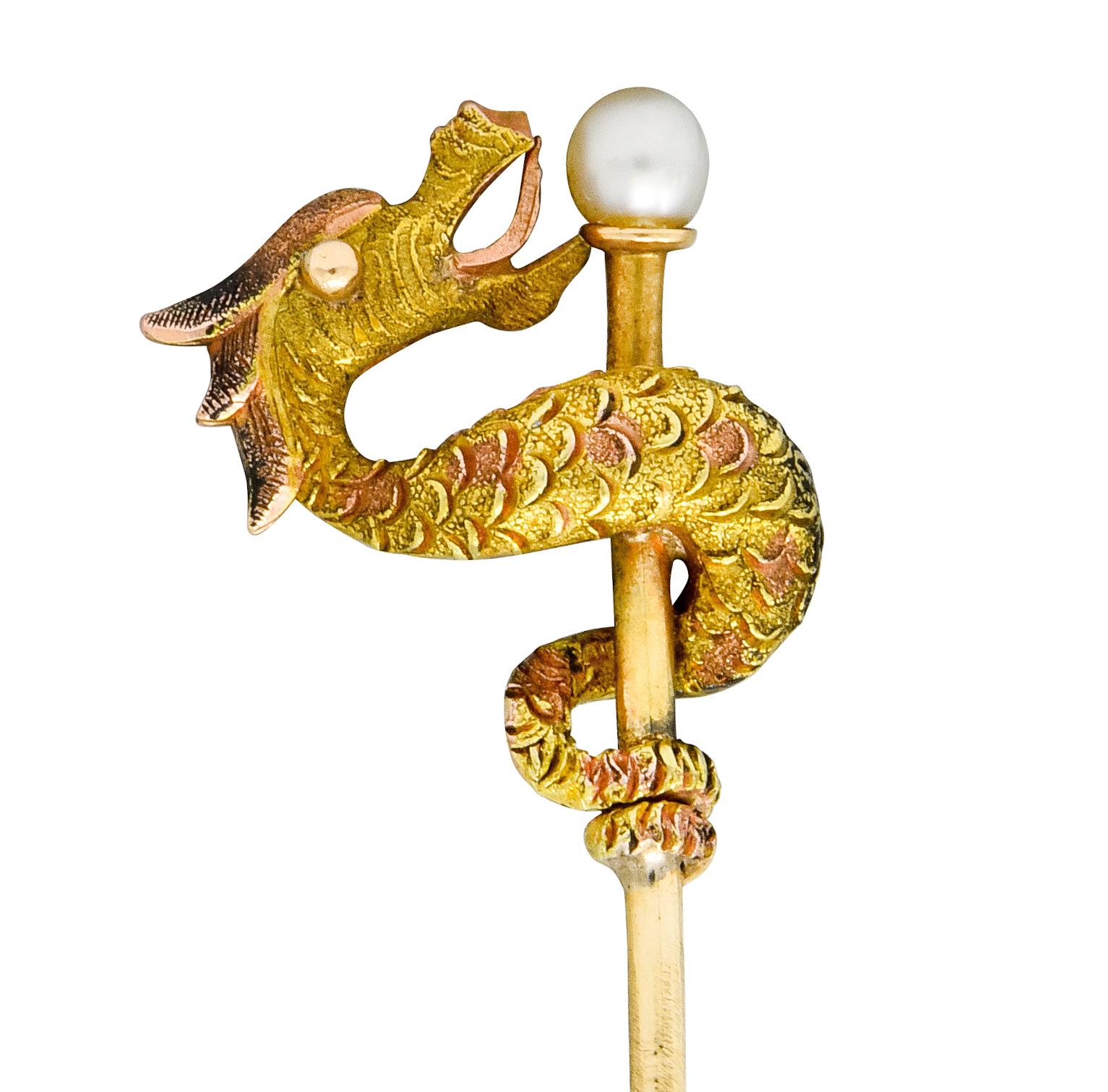 Women's or Men's Carter and Gough Art Nouveau Pearl 14 Karat Gold Winding Serpent Stickpin