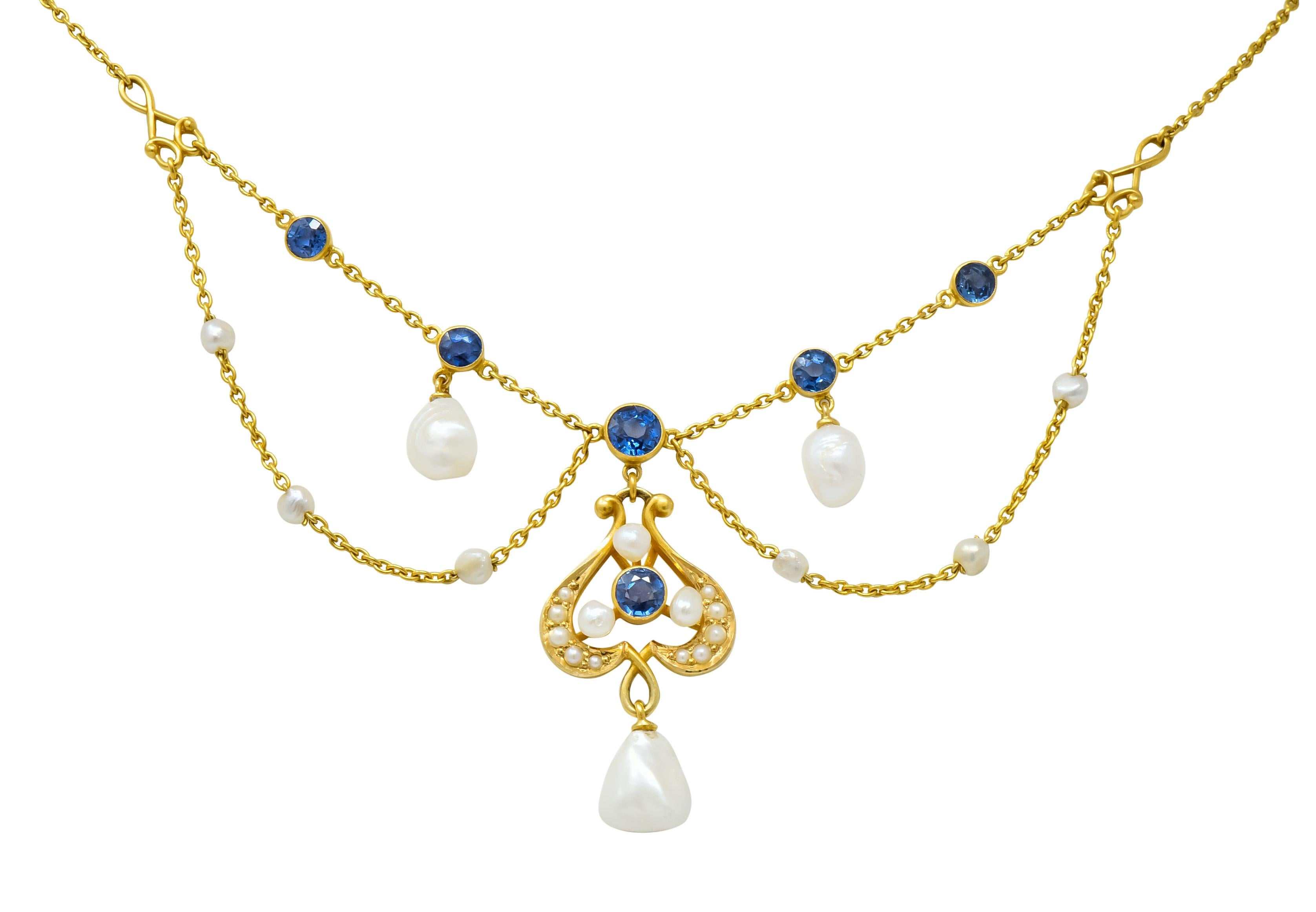 Women's or Men's Carter & Gough Art Nouveau Sapphire Natural Pearl 14 Karat Gold Swag Necklace