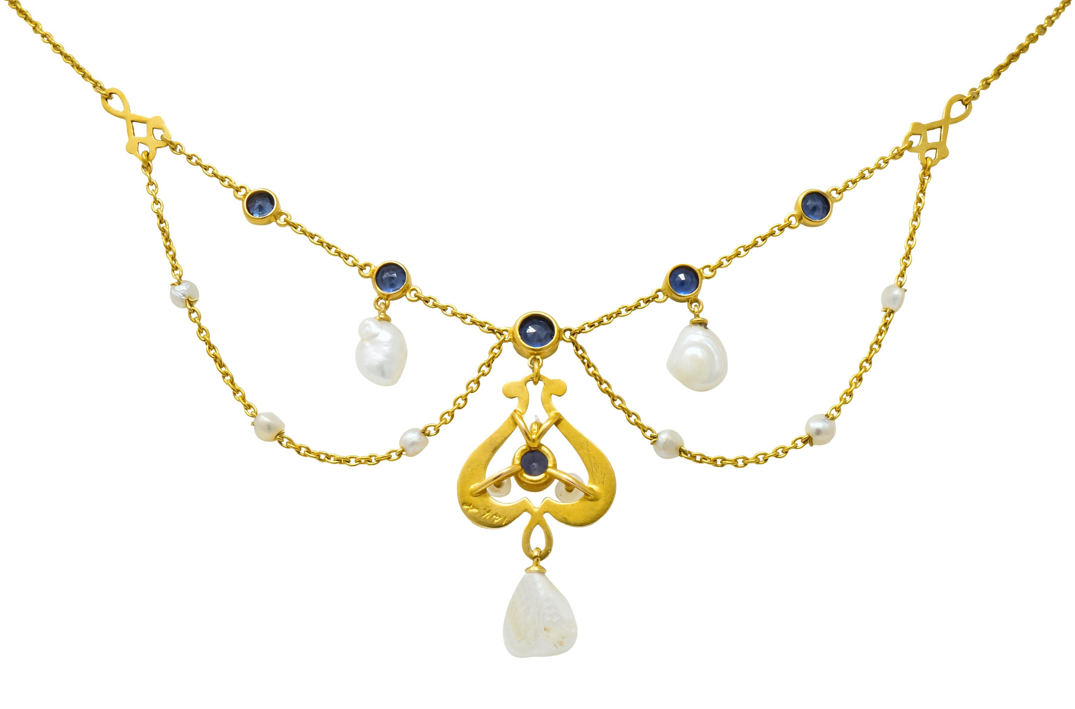 Carter & Gough Art Nouveau Sapphire Natural Pearl 14 Karat Gold Swag Necklace 3