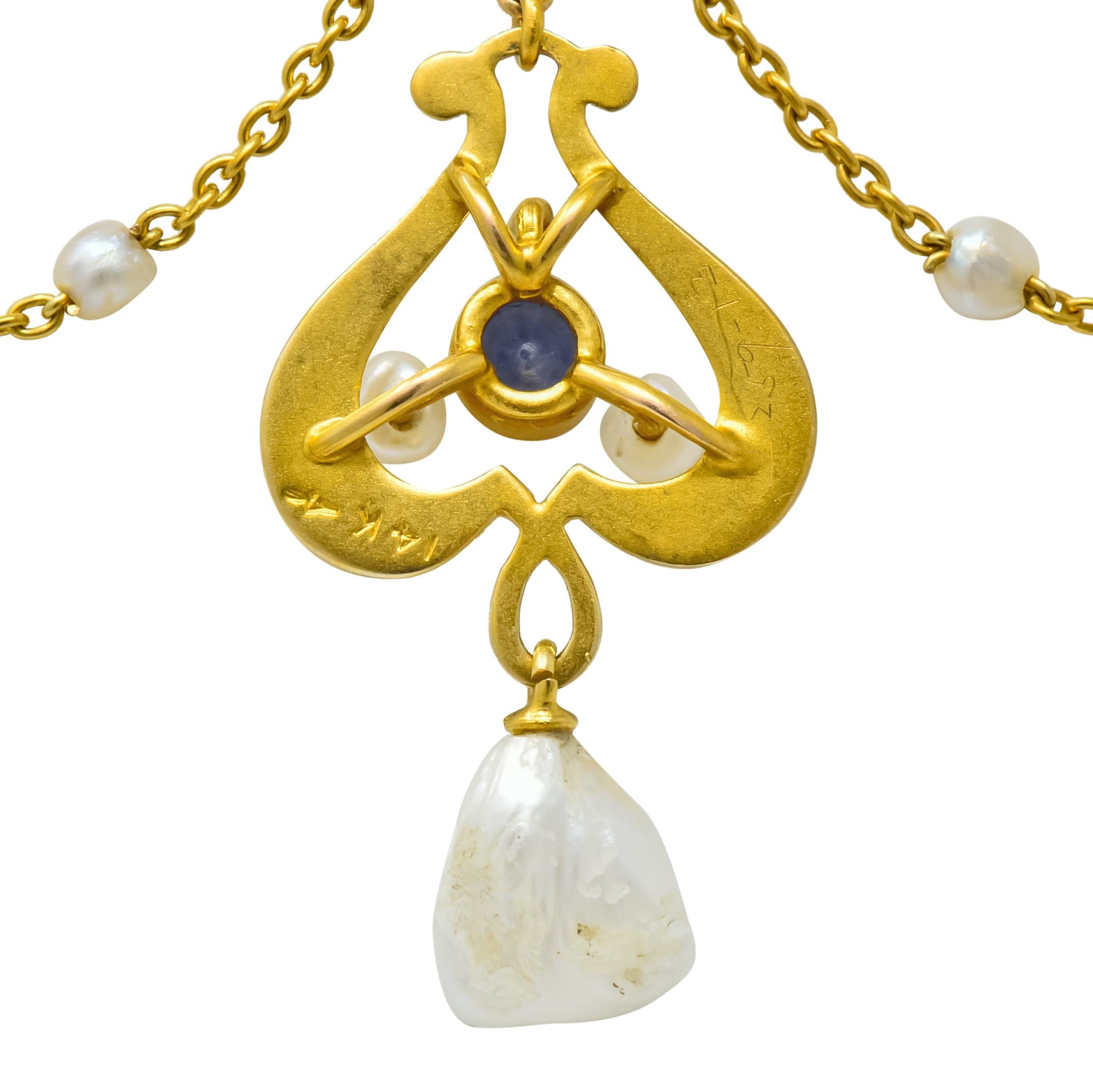 Carter & Gough Art Nouveau Sapphire Natural Pearl 14 Karat Gold Swag Necklace 4
