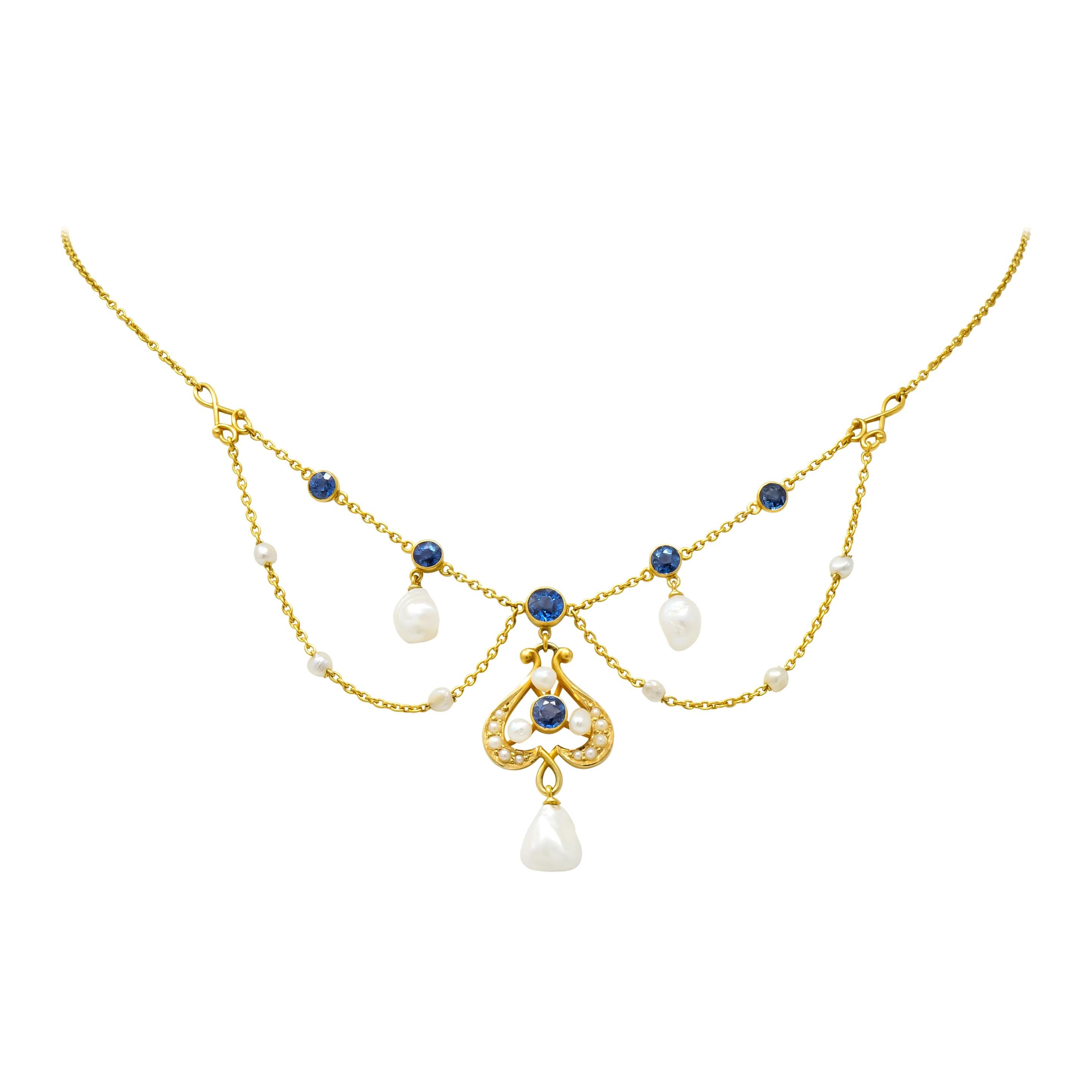 Carter & Gough Art Nouveau Sapphire Natural Pearl 14 Karat Gold Swag Necklace