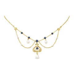 Carter & Gough Art Nouveau Sapphire Natural Pearl 14 Karat Gold Swag Necklace