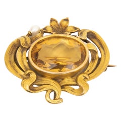 Carter Gough & Co. 14 Karat Gold, Citrine and Pearl Pendant Brooch