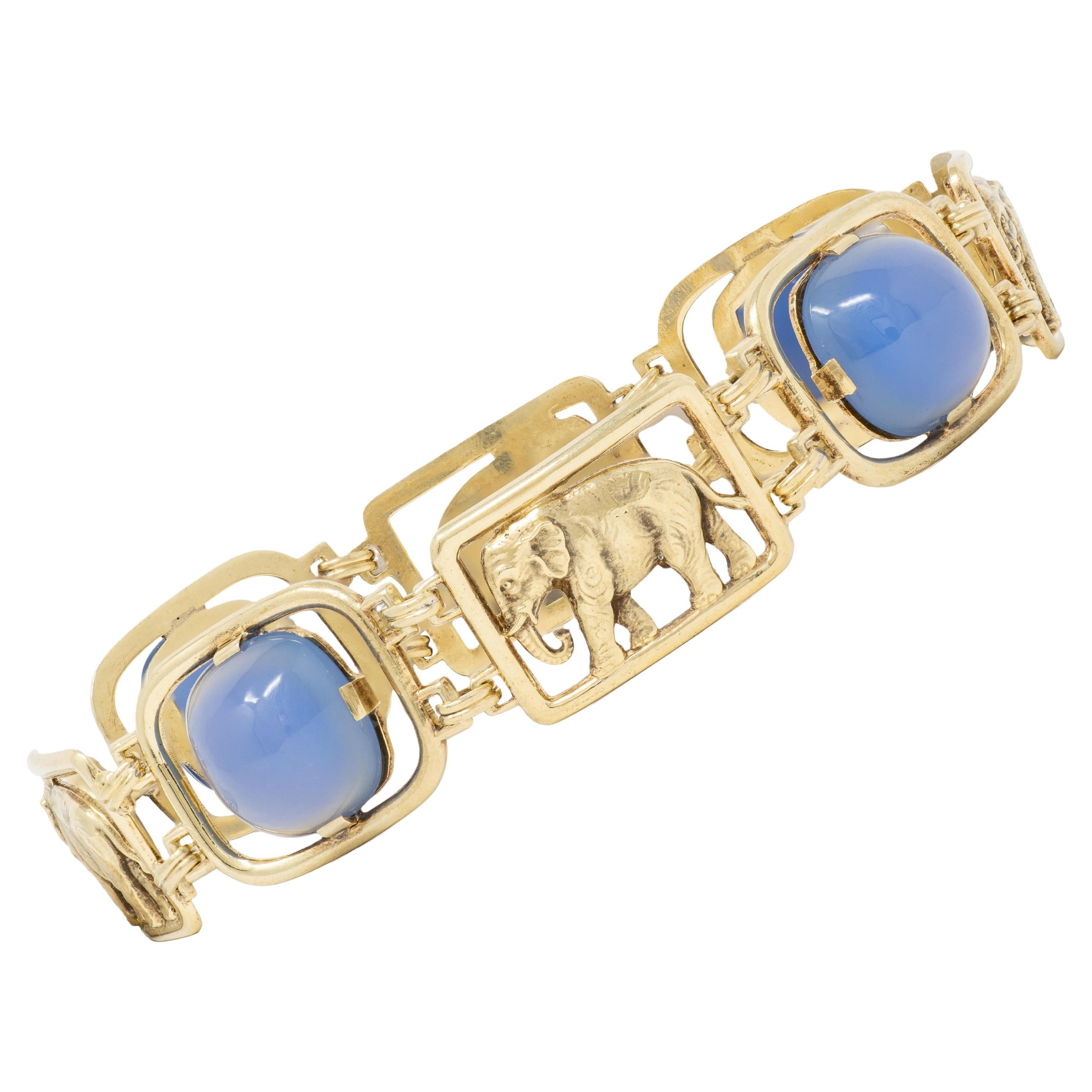 Carter Gough 
Co. Art Deco Blauer Chalcedon 14K Gold Vintage Elefantenarmband im Angebot