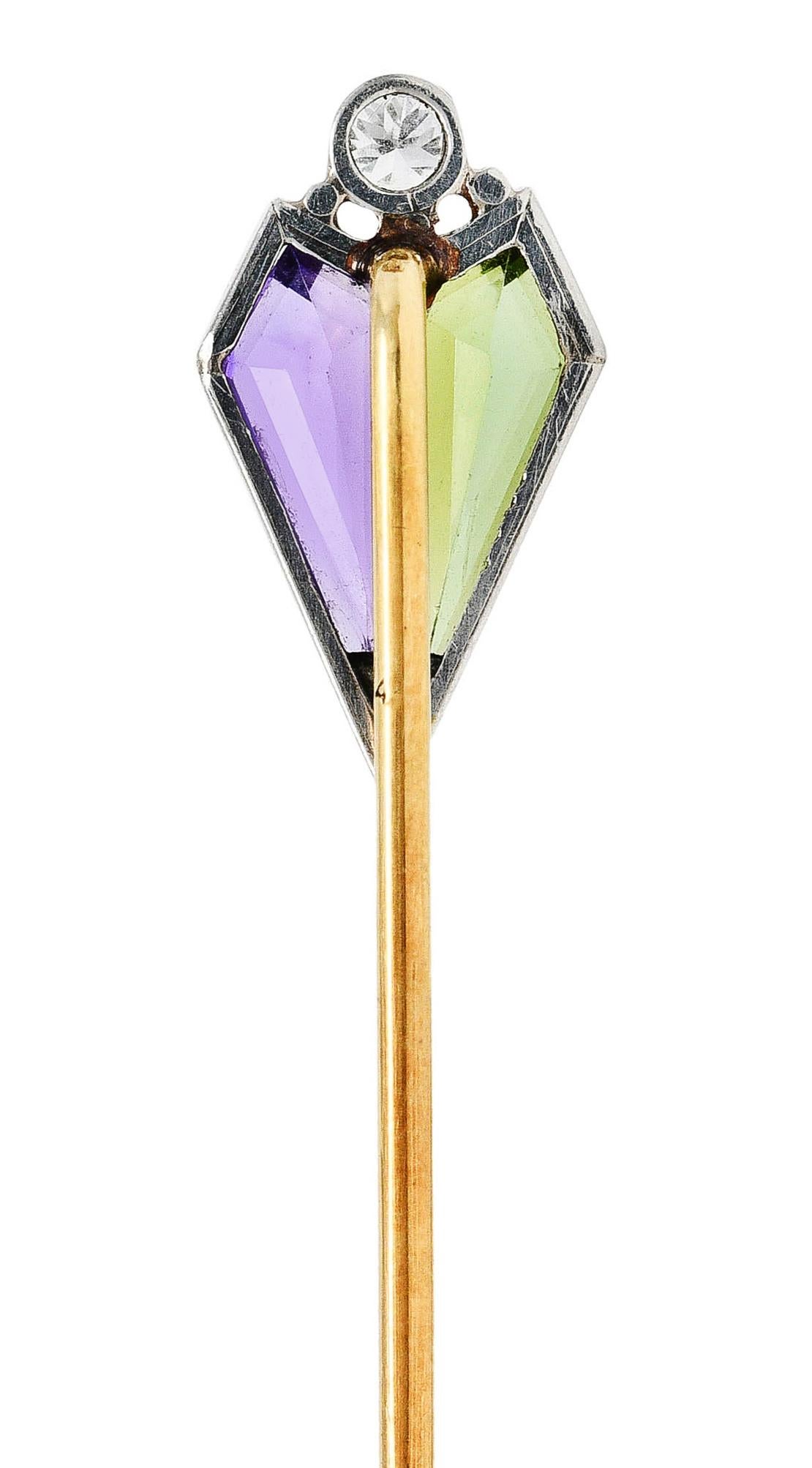 Kite Cut Carter Gough & Co. Art Deco Diamond Amethyst Green Tourmaline Platinum 14 Karat For Sale