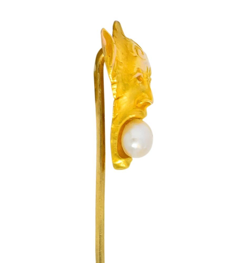 Carter Gough & Co. Art Nouveau Pearl 14 Karat Gold Greek God Pan Stickpin In Excellent Condition For Sale In Philadelphia, PA