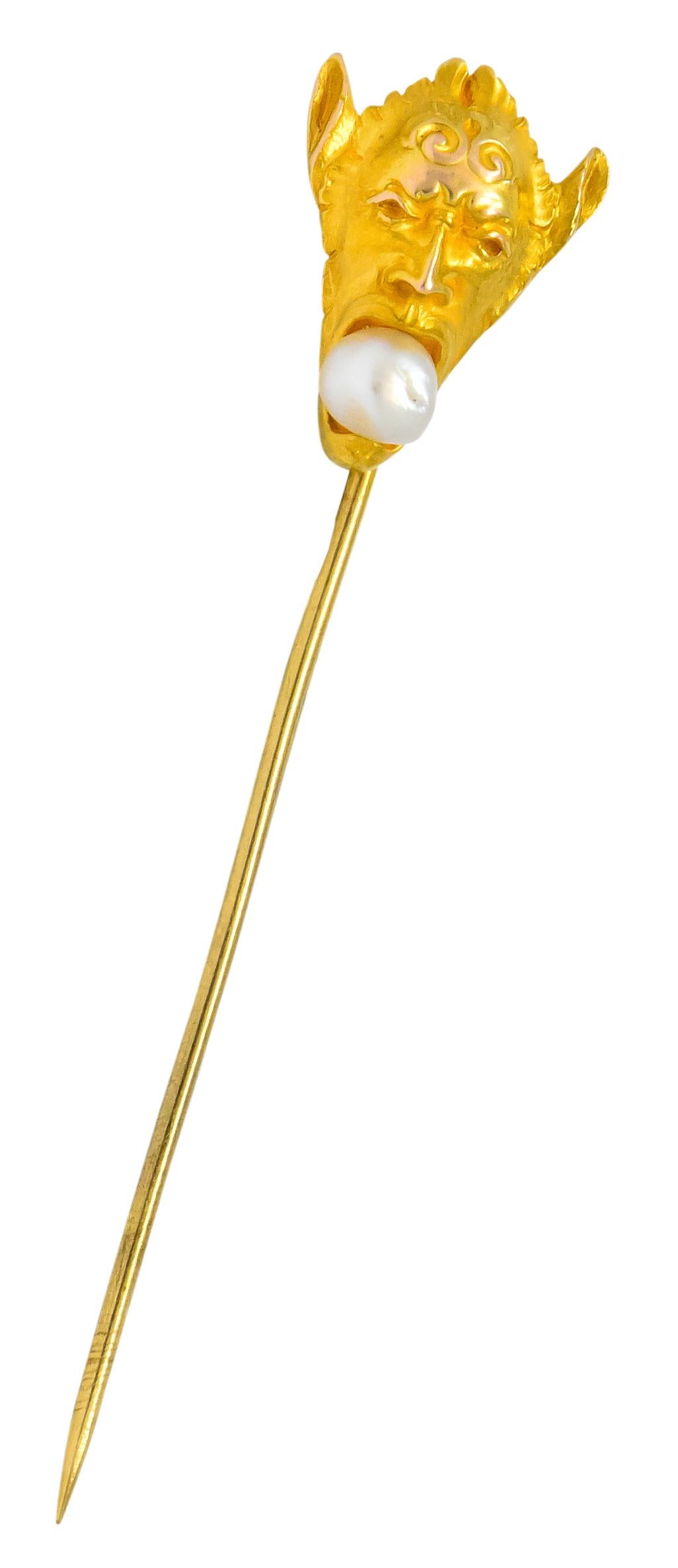 Women's or Men's Carter Gough & Co. Art Nouveau Pearl 14 Karat Gold Greek God Pan Stickpin For Sale