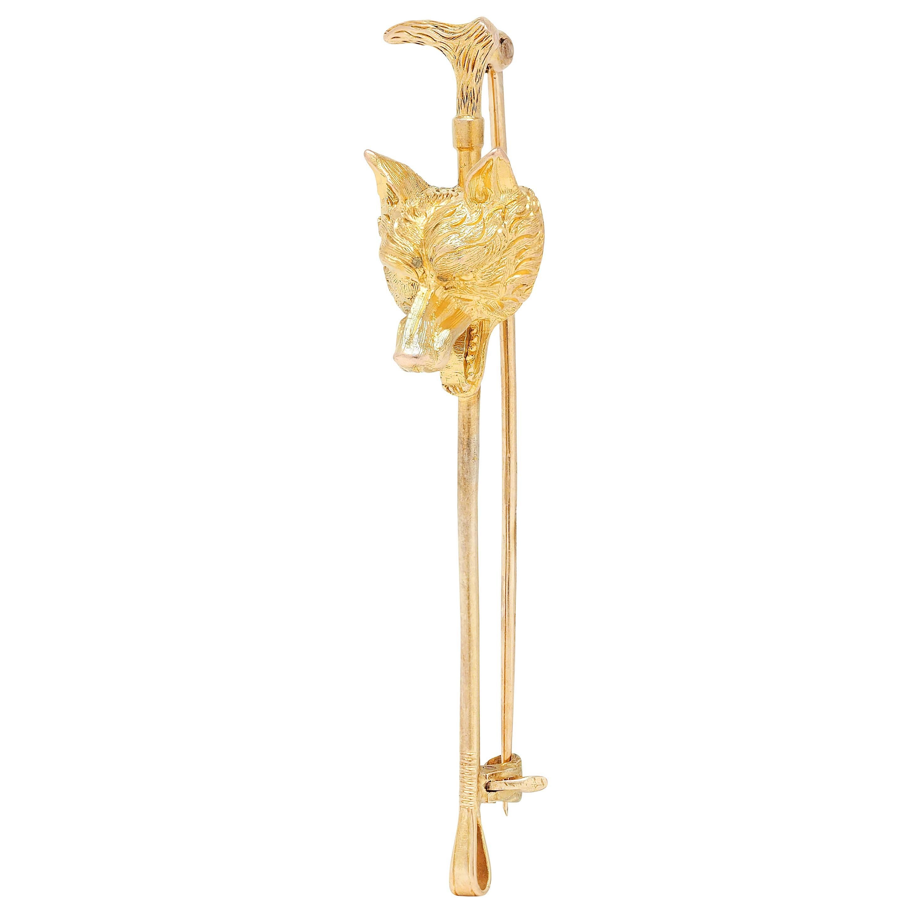 Women's or Men's Carter Gough & Co. Edwardian 14K Yellow Gold Antique Fox Riding Crop Brooch For Sale