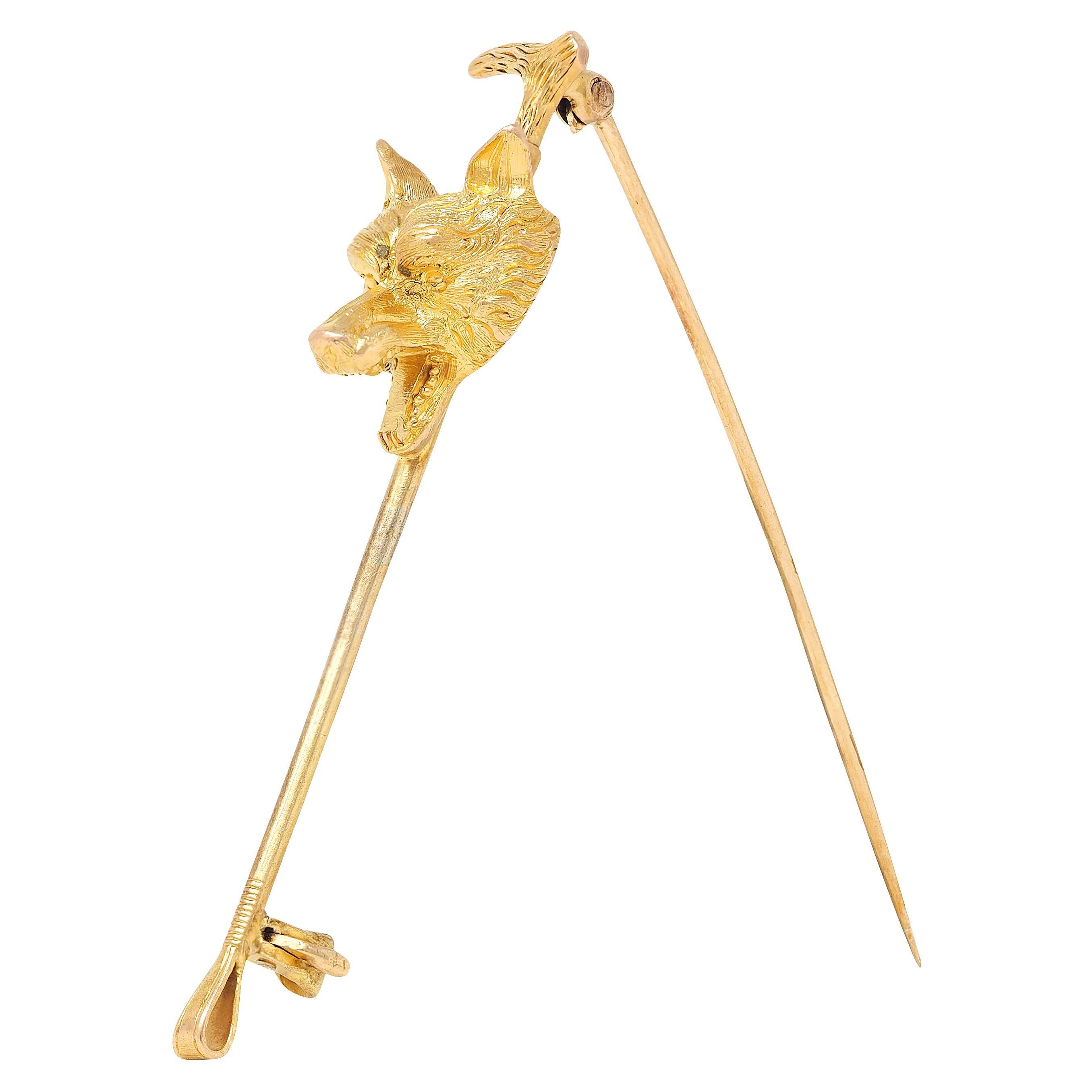 Carter Gough & Co. Edwardian 14K Yellow Gold Antique Fox Riding Crop Brooch For Sale 1