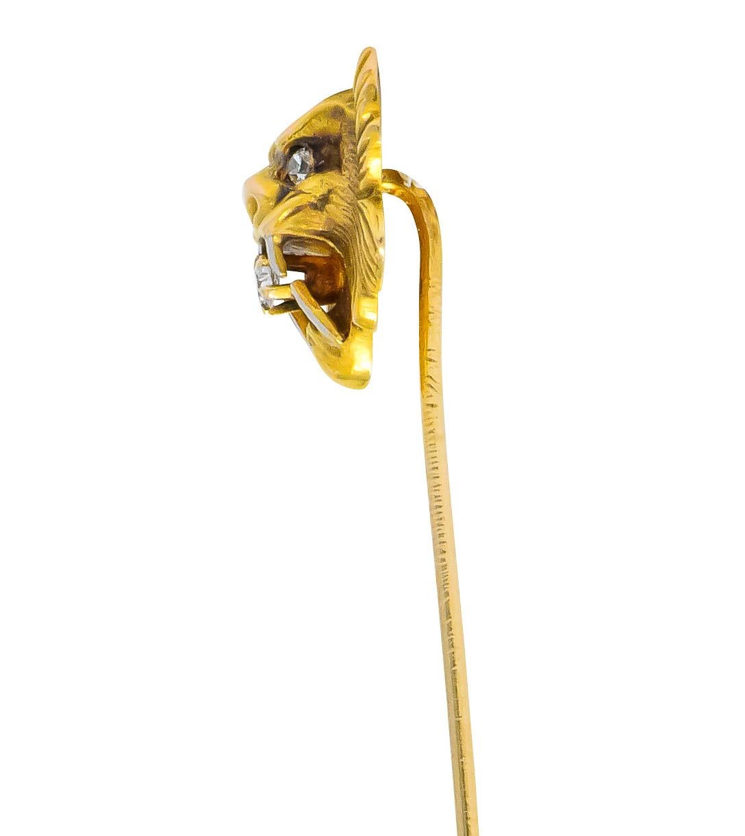 Carter Gough & Co. Edwardian Diamond 14 Karat Two-Tone Gold Tiger Stickpin In Excellent Condition In Philadelphia, PA