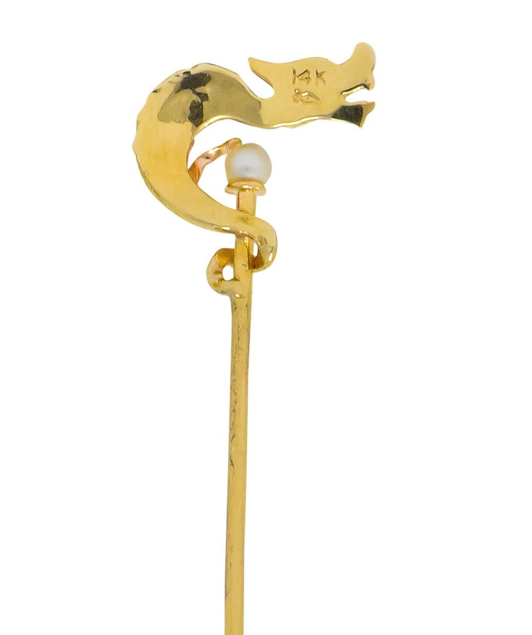 Carter Gough & Co. Edwardian Pearl 14 Karat Tri-Colored Gold Dragon Stickpin In Excellent Condition For Sale In Philadelphia, PA