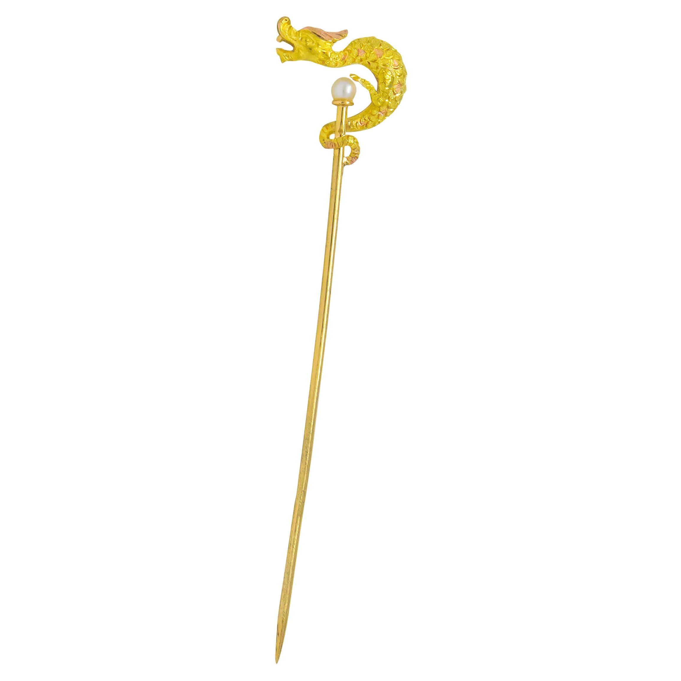 Carter Gough & Co. Edwardian Pearl 14 Karat Tri-Colored Gold Dragon Stickpin For Sale