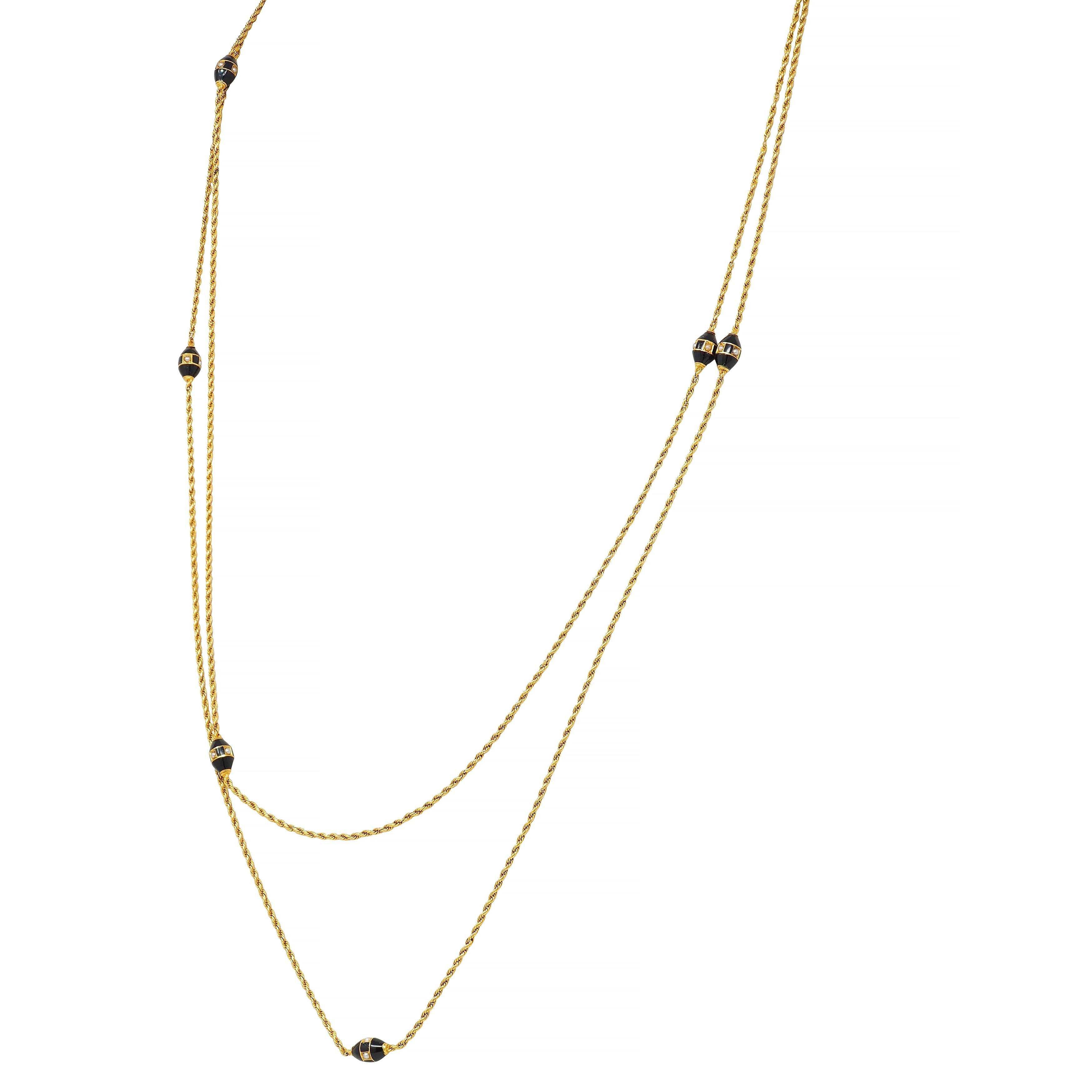 Women's or Men's Carter Gough Victorian Pearl Enamel 14K Yellow Gold Antique Station Necklace For Sale