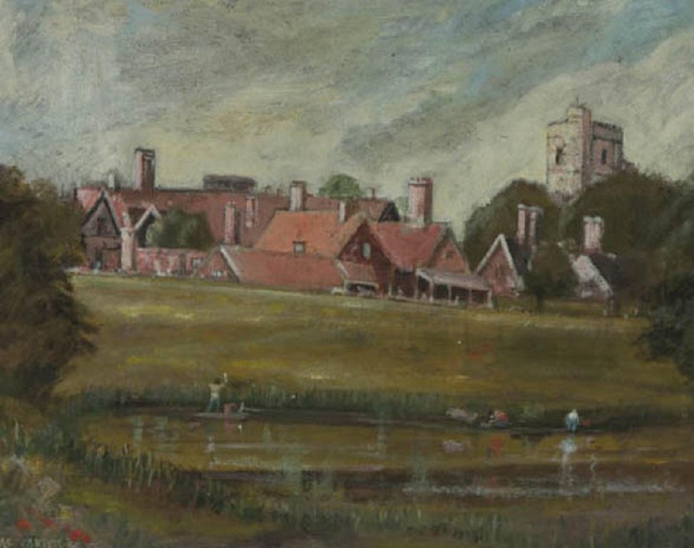 A fine oil painting, depicting the village of Dinton, near Aylesbury and St. Peter's church. Presented in a wooden frame. Signed and dated. On board.