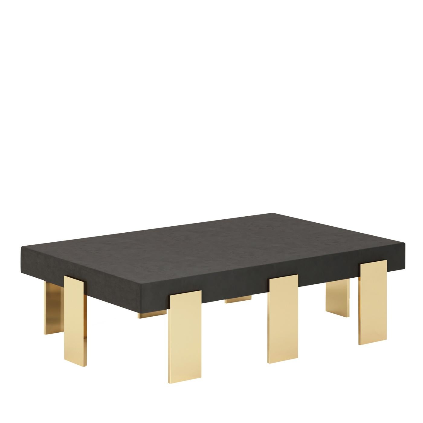 Splendid in its sculptural silhouette, this exquisite coffee table showcases a dark brown, solid wooden top that can be either lacquered in several color options, upholstered in fabric or leather, or painted in different wood finishes. The wide and