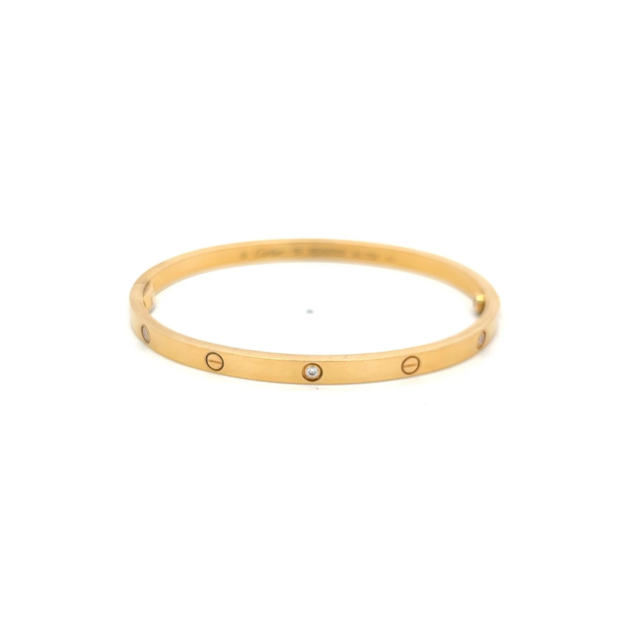 Donna Cartier 0,15 carati di diamante rotondo in oro giallo 18 carati Bracciale dell'amore con Cert Misura 16 in vendita