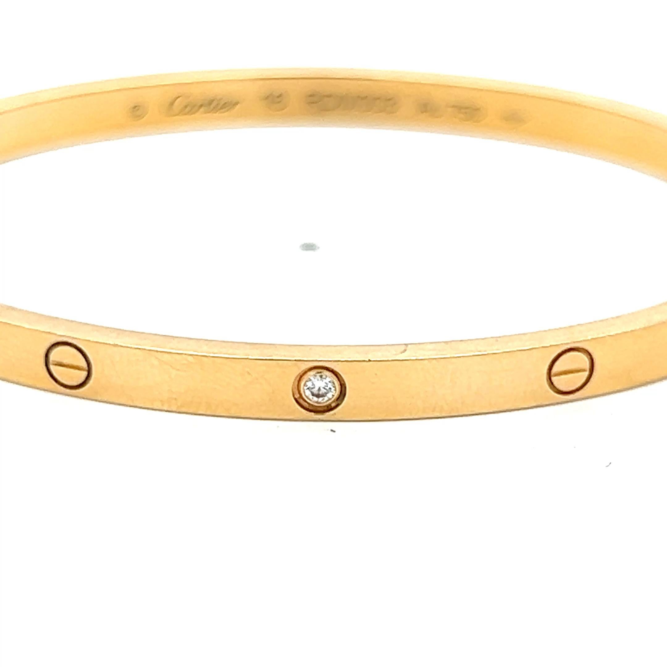 Cartier 0,15 carati di diamante rotondo in oro giallo 18 carati Bracciale dell'amore con Cert Misura 16 in vendita 2