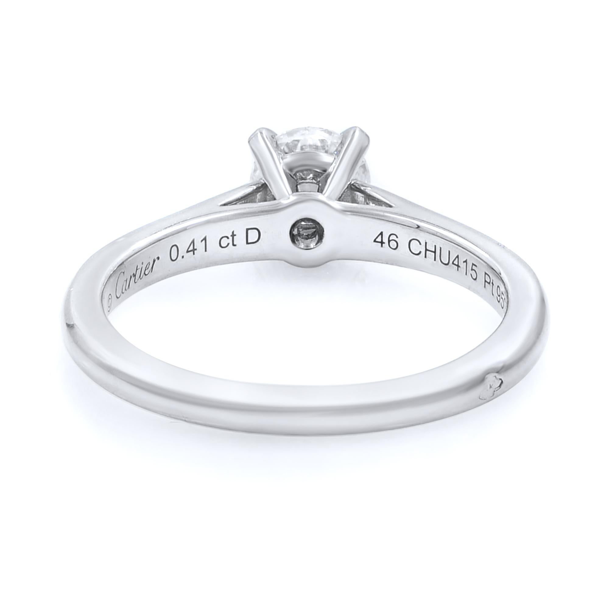 Cartier Classic Solitaire Engagement Ring 
1895 collection from Cartier
Solitaire diamond weighs 0.41ct
Ring size #46 (US size 3.75)
Ring is in excellent condition 
Retail price estimate $4,200.
Comes with a Cartier ring box, and certificate.