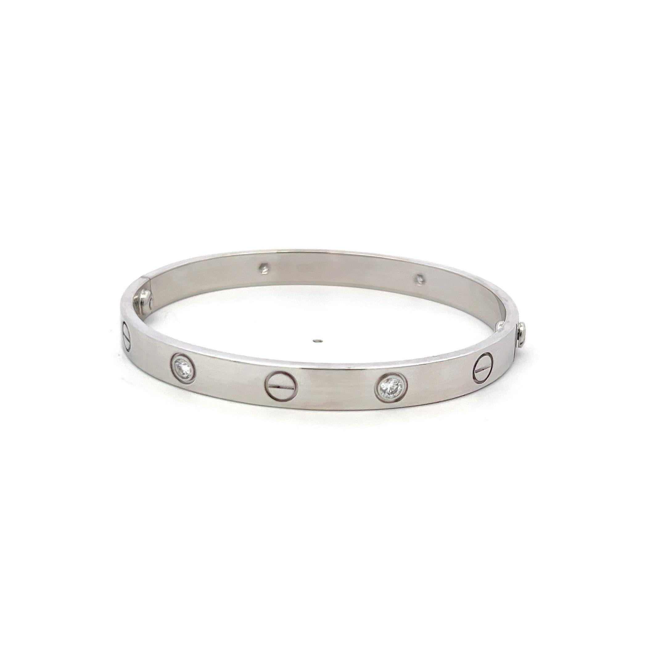 Round Cut Cartier 0.42 Carat Round Brilliant Diamond 18K White Gold Love Bracelet Size 17