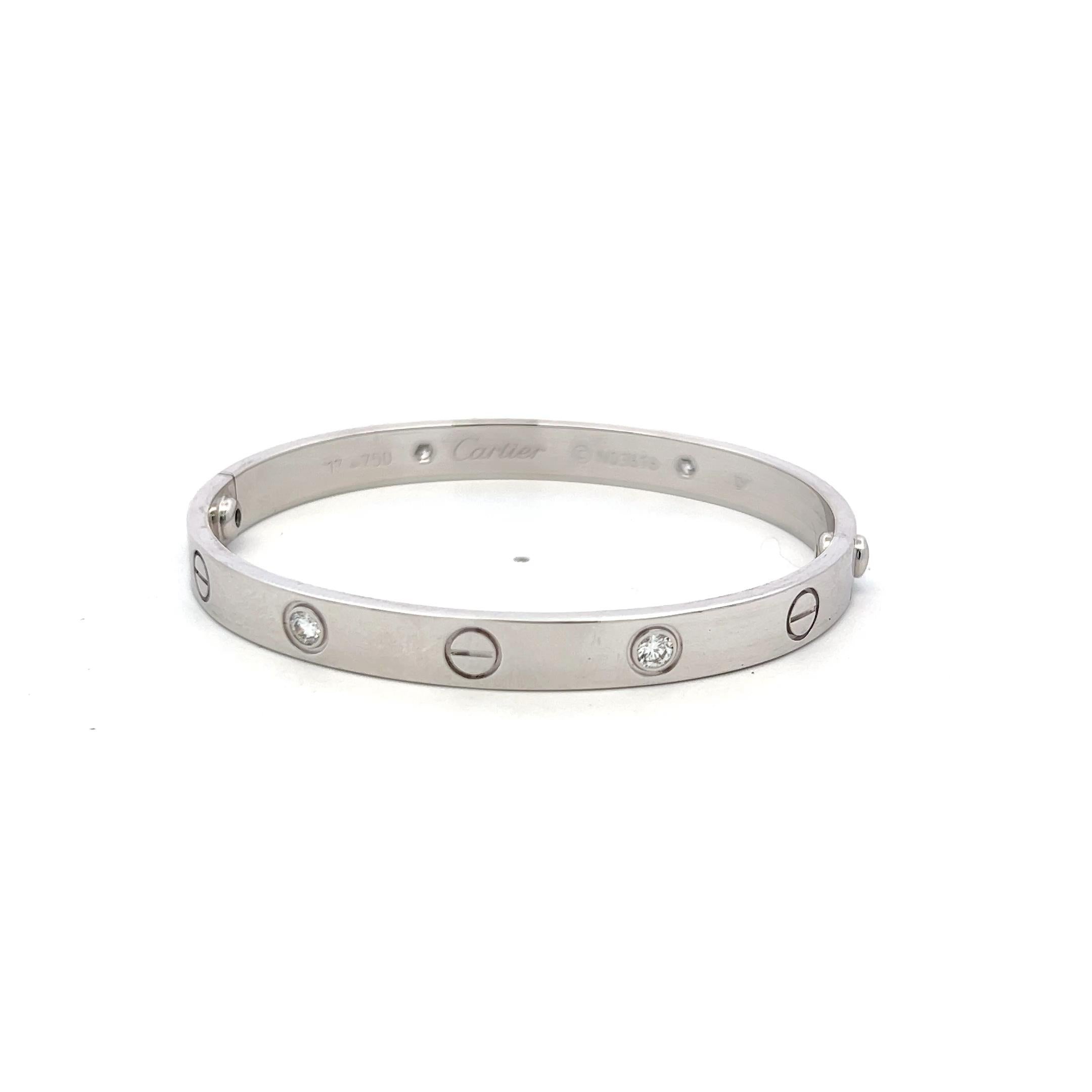 Women's Cartier 0.42 Carat Round Brilliant Diamond 18K White Gold Love Bracelet Size 17