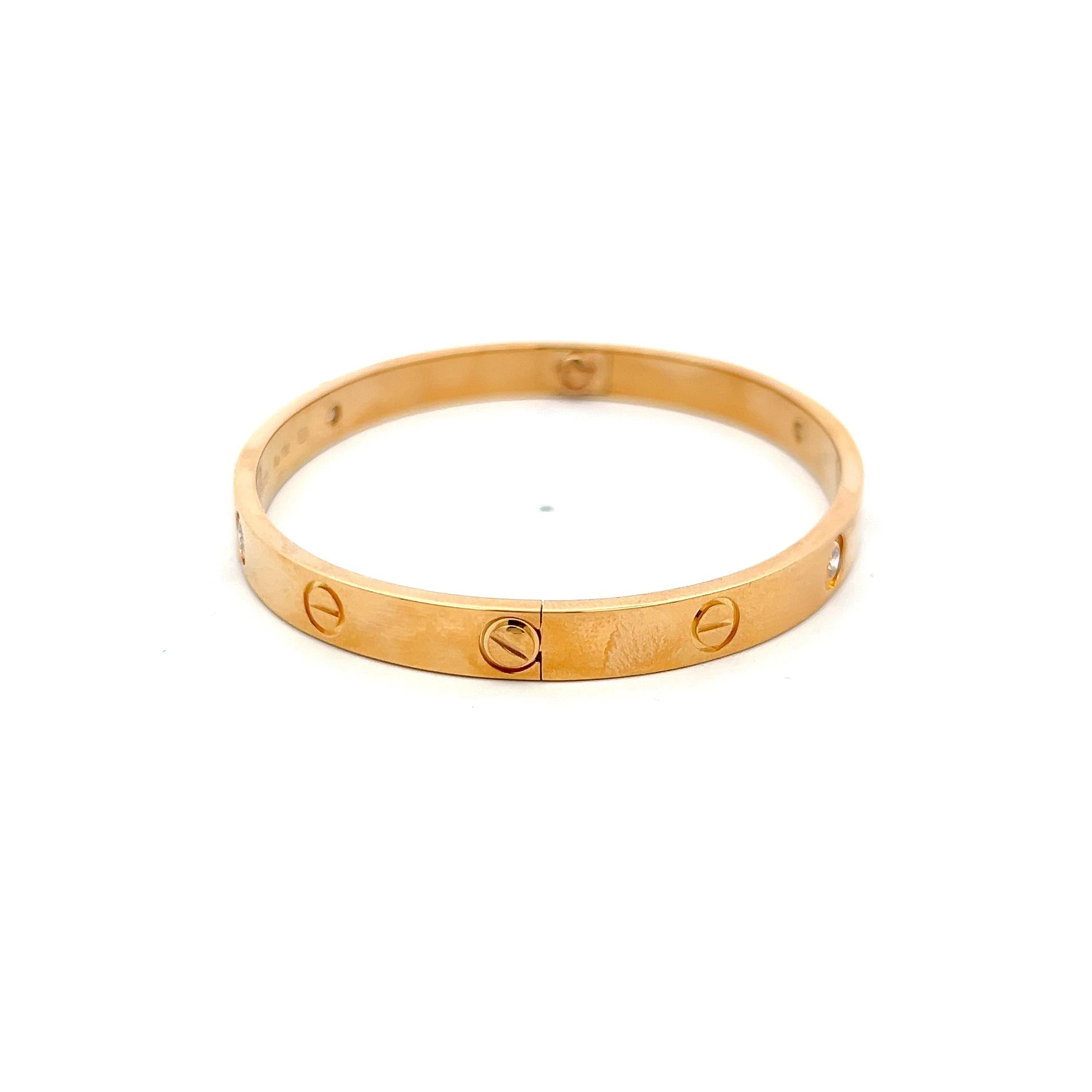 Designer:
CARTIER
Title:
Cartier 0.42 Carat Round Brilliant G VS1 Diamond 18 Karat Yellow Gold Love Bracelet
Style:
Love
Metal:
18 Karat Yellow Gold
Gemstone 1:
0.42 Carat Diamond
Number of Stones:
4
Color:
G
Clarity:
VS1
Shape:
Round