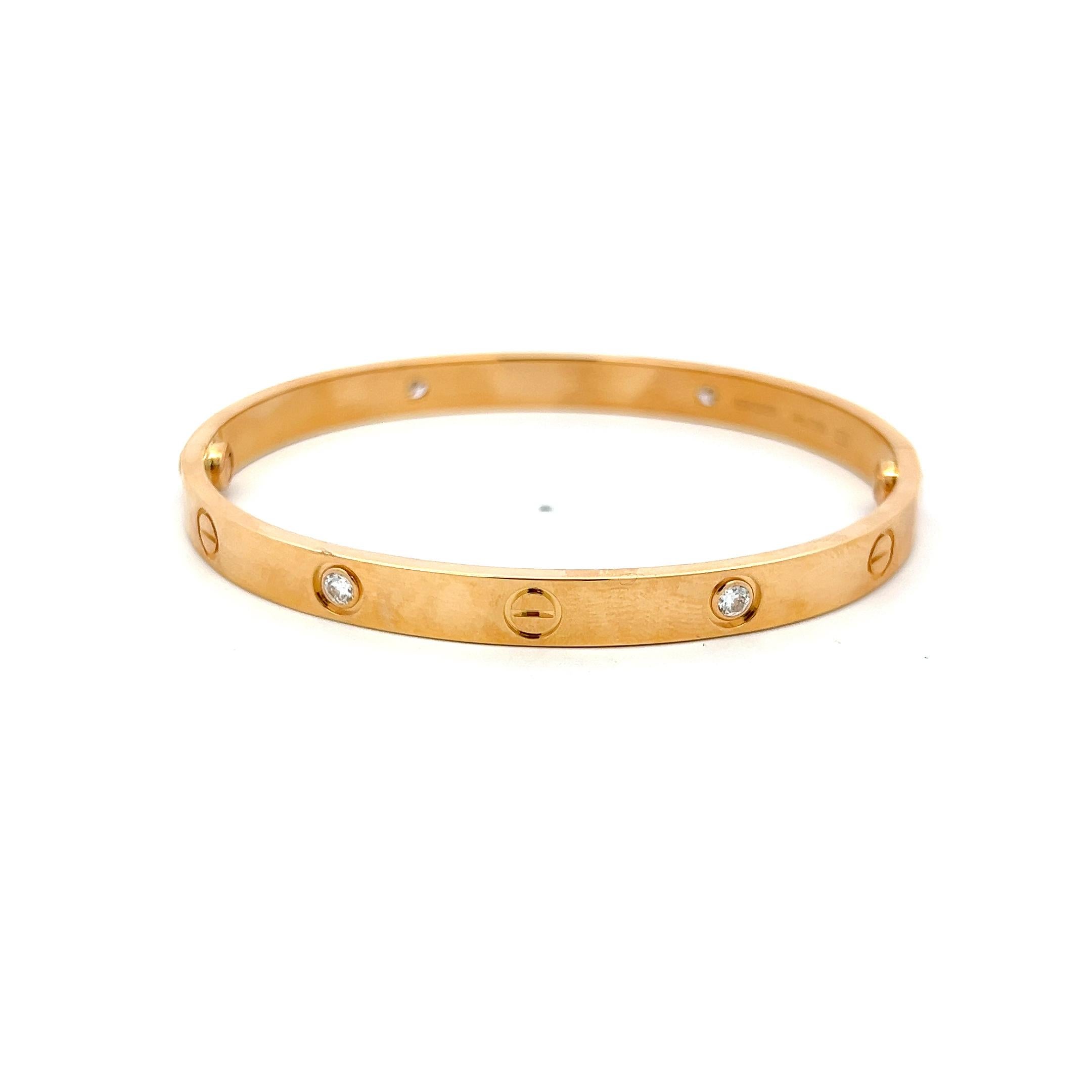 Brilliant Cut Cartier 0.42 Carat Round Brilliant Diamond 18K Yellow Gold Love Bracelet Size 18